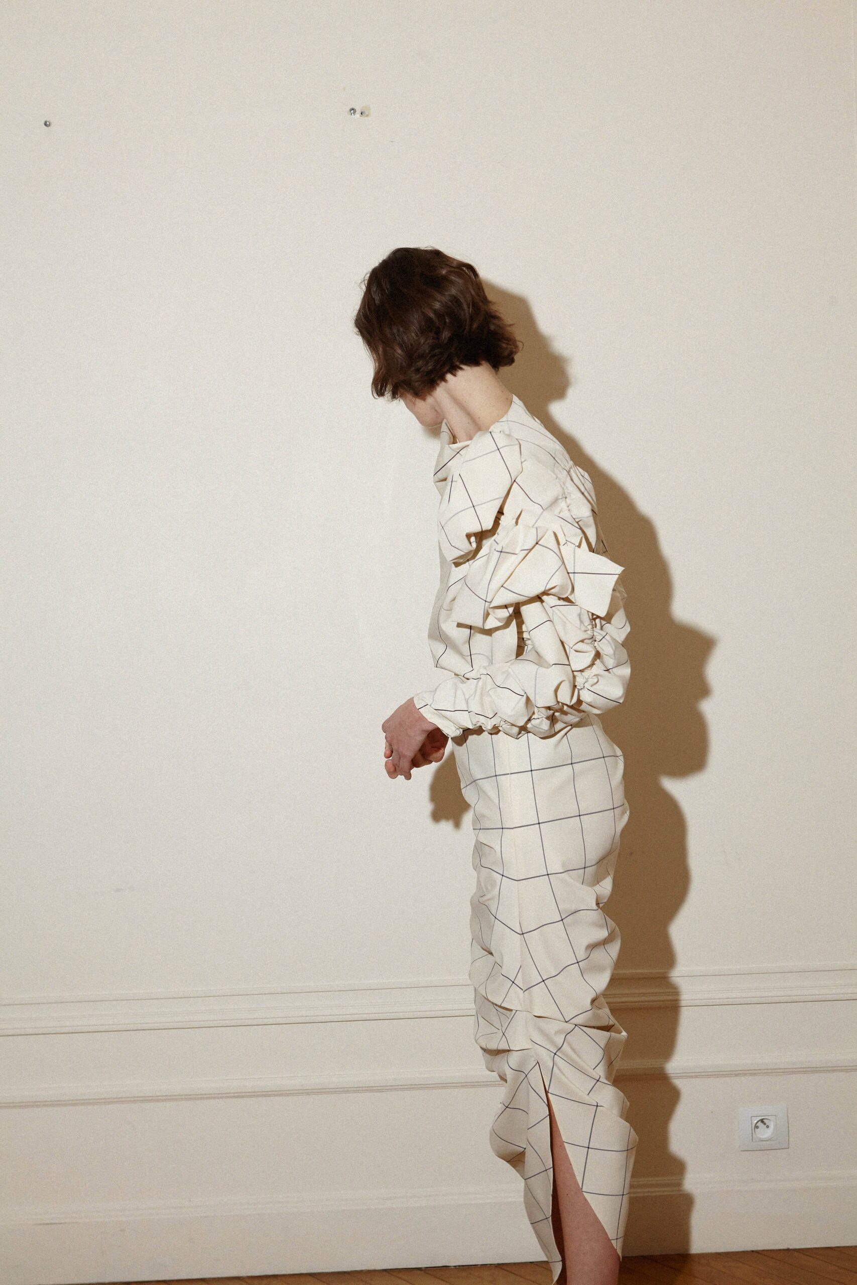 beige fitted checked dress