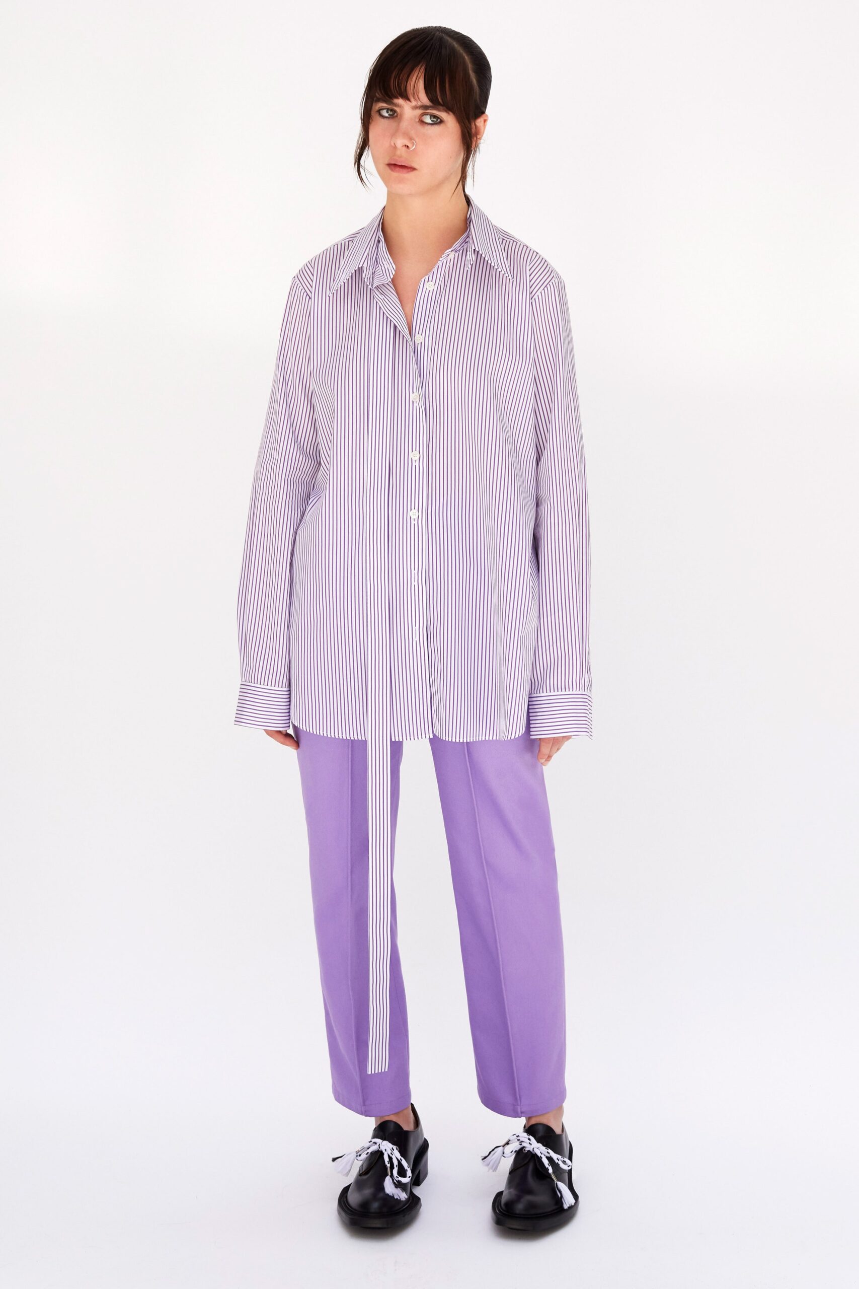 purple striped shirt with tailored pants