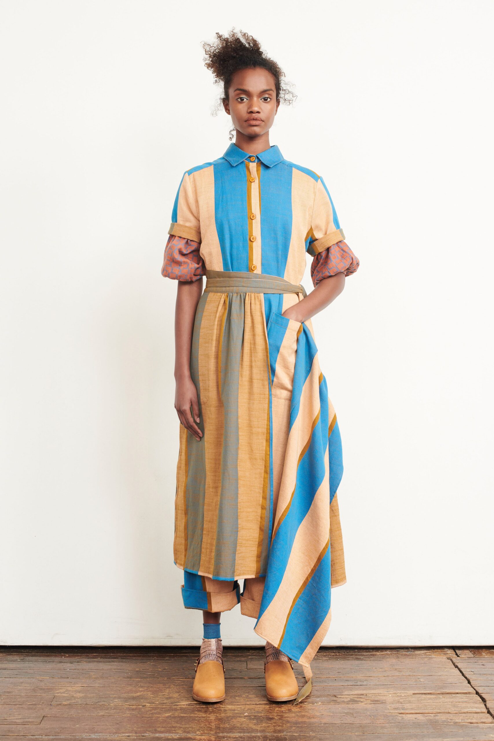 blue and beige collared midi dress