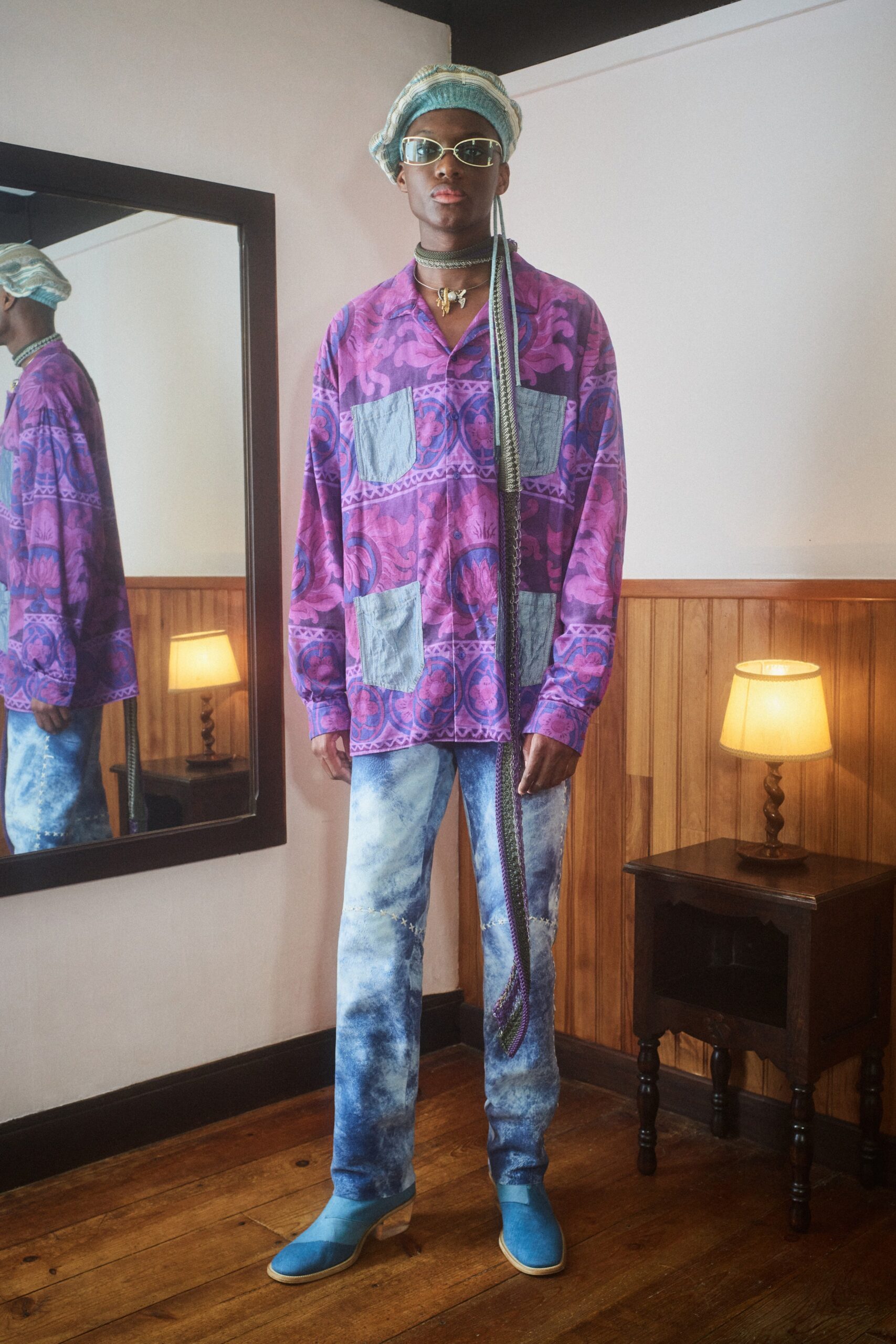 purple long-sleeve collared relaxed printed shirt