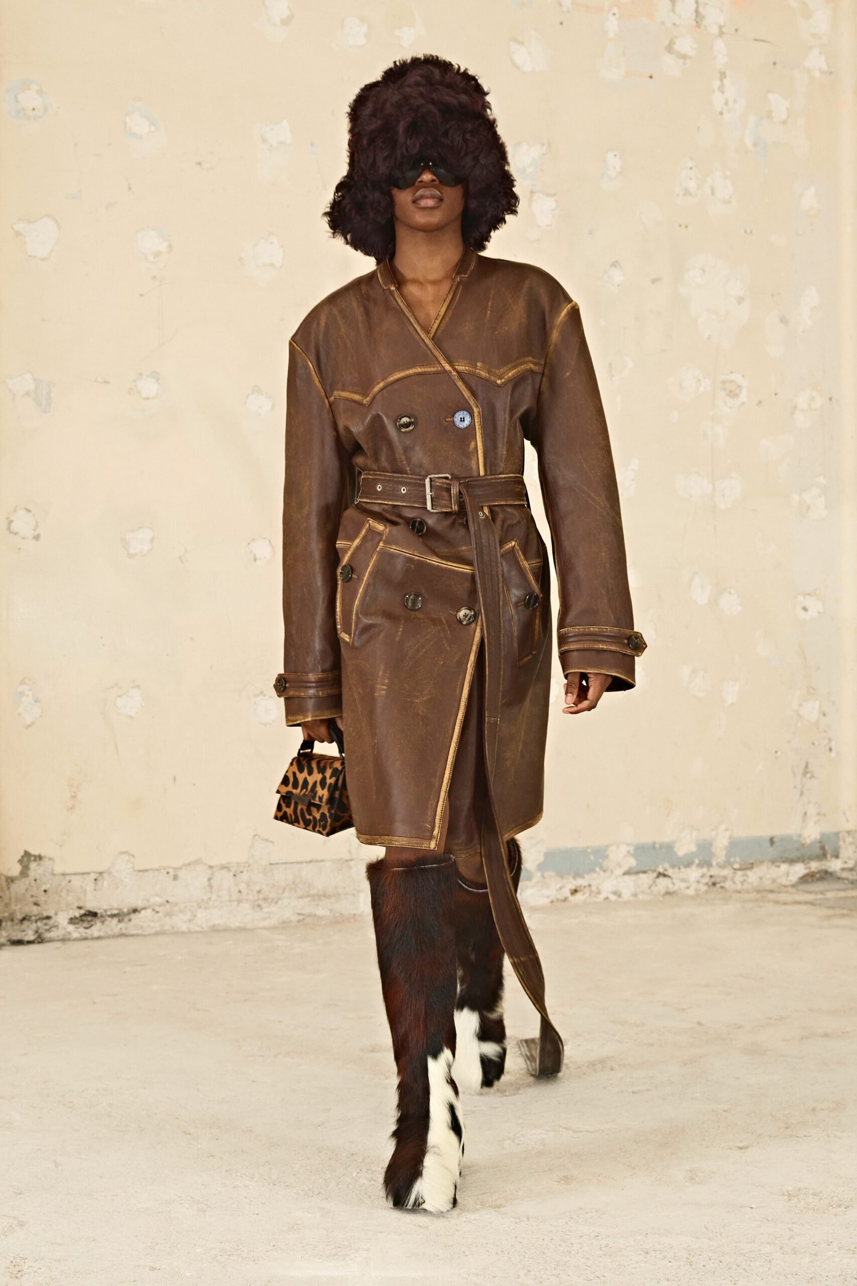 brown leather long-sleeve collared fitted belted coat