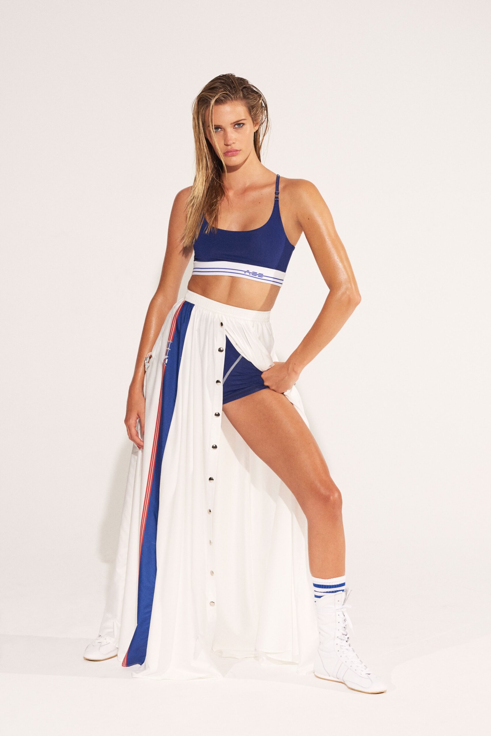 blue and white bikini with maxi skirt