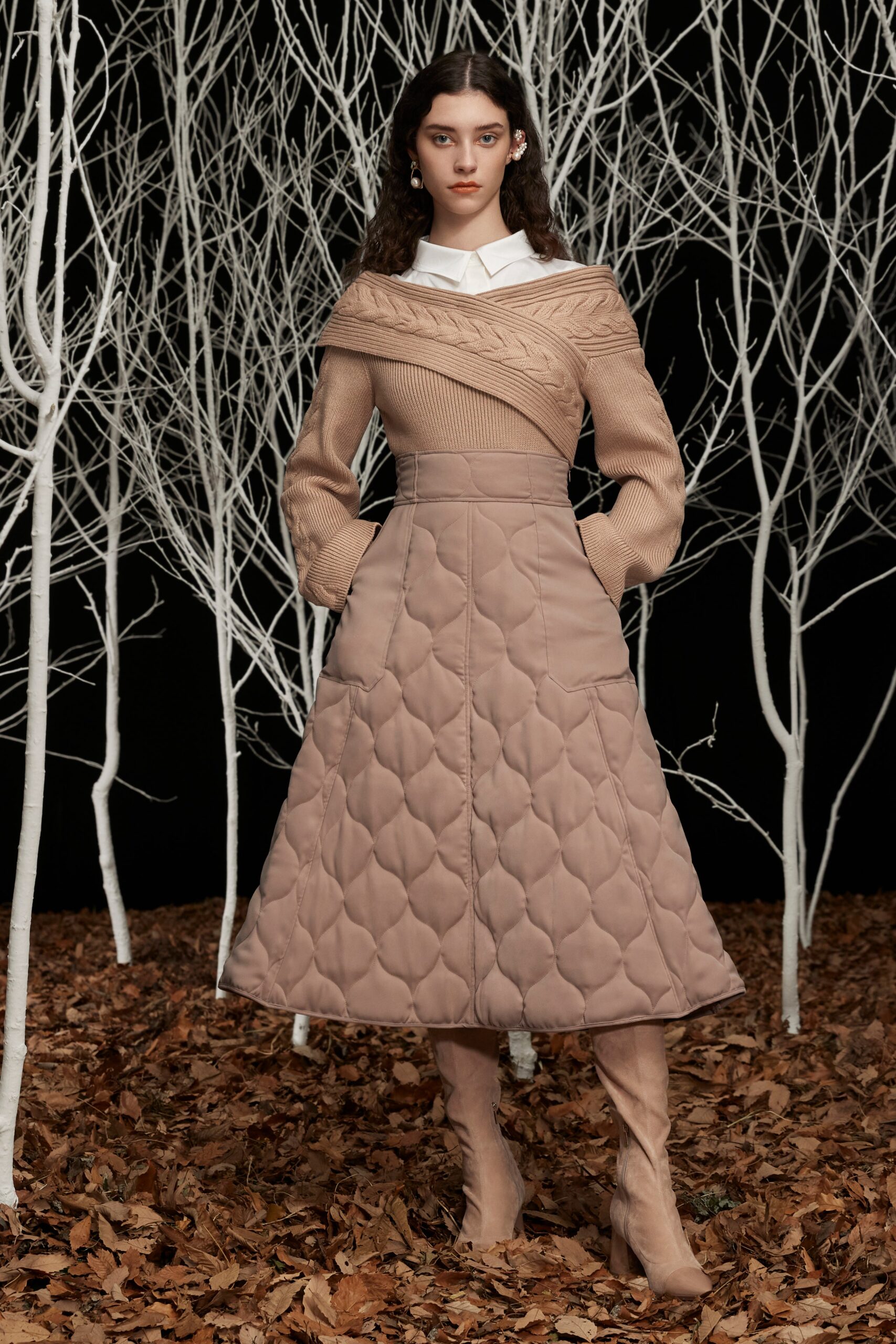 beige cotton long-sleeve high-neck fitted pleated quilted dress