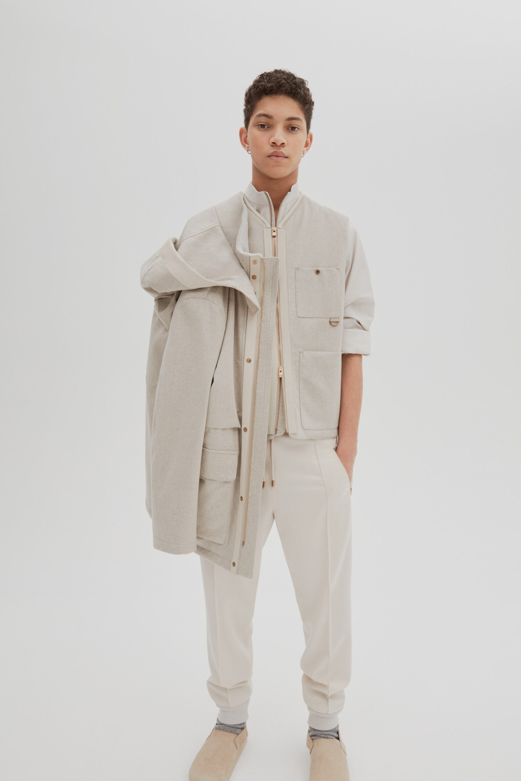 beige cotton vest and jacket