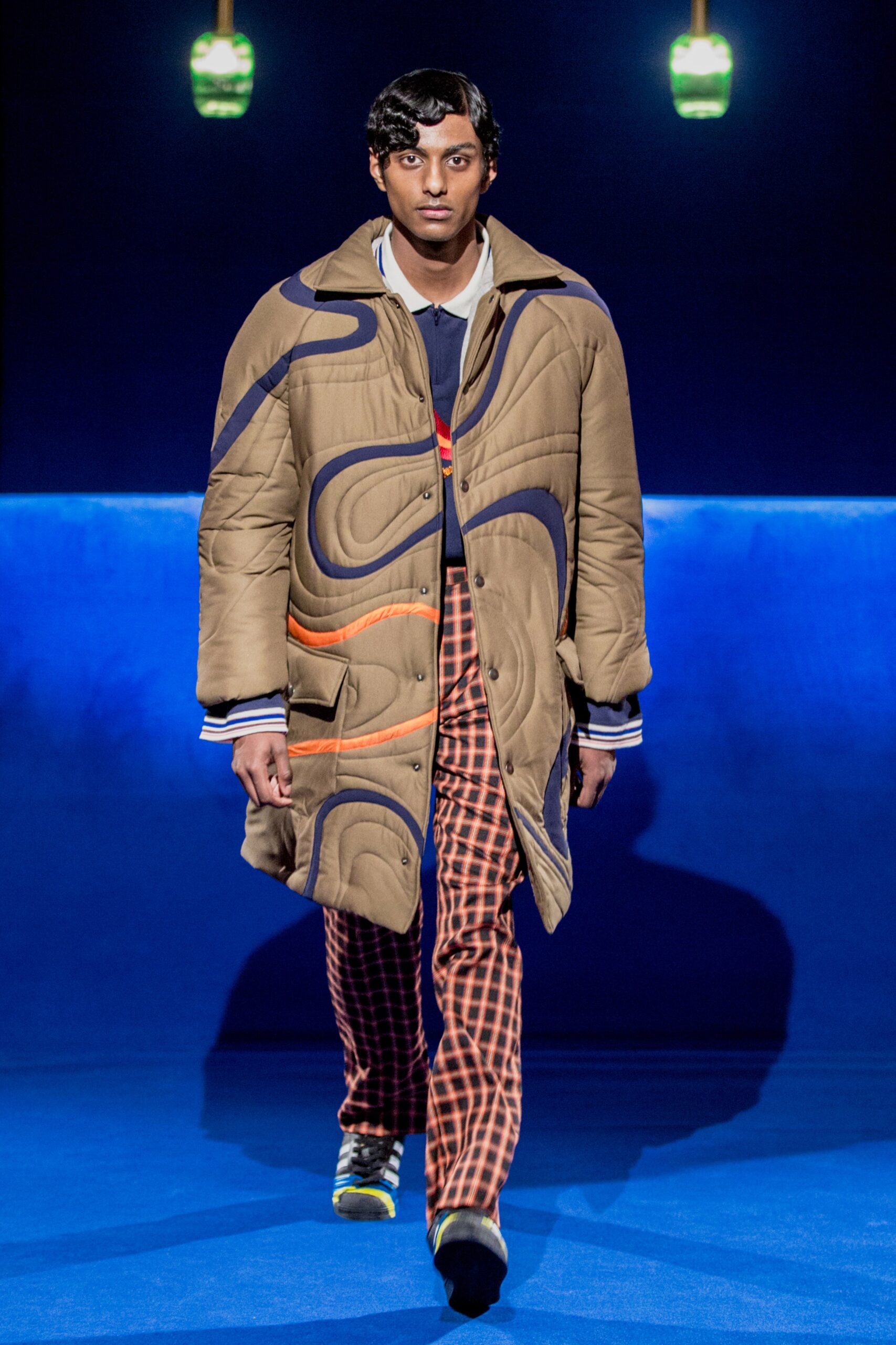 beige quilted coat with checked pants
