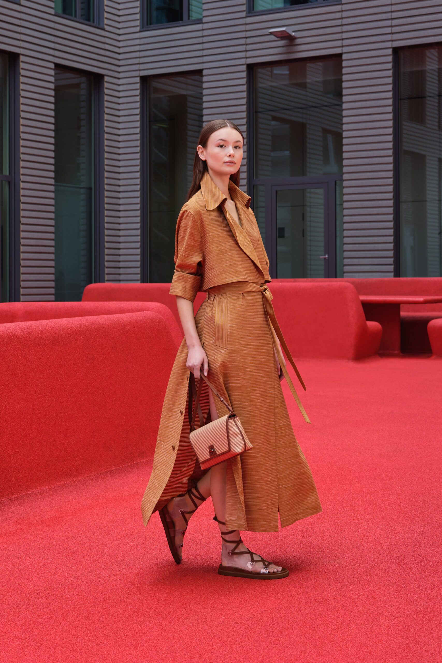 brown silk belted trench coat