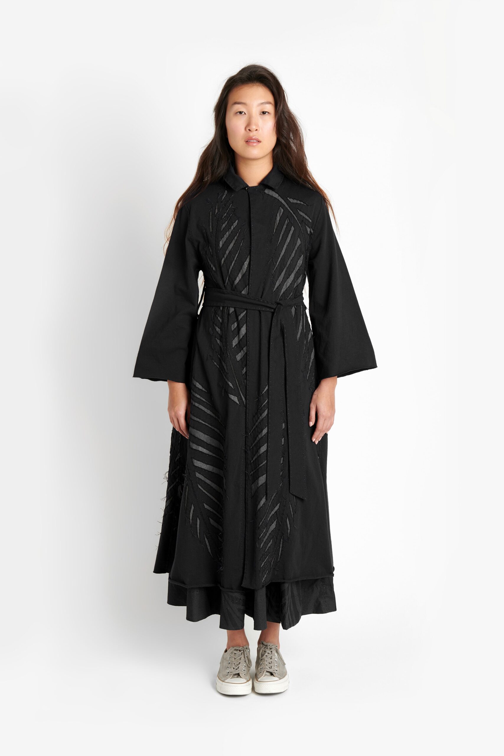 black cotton belted midi dress