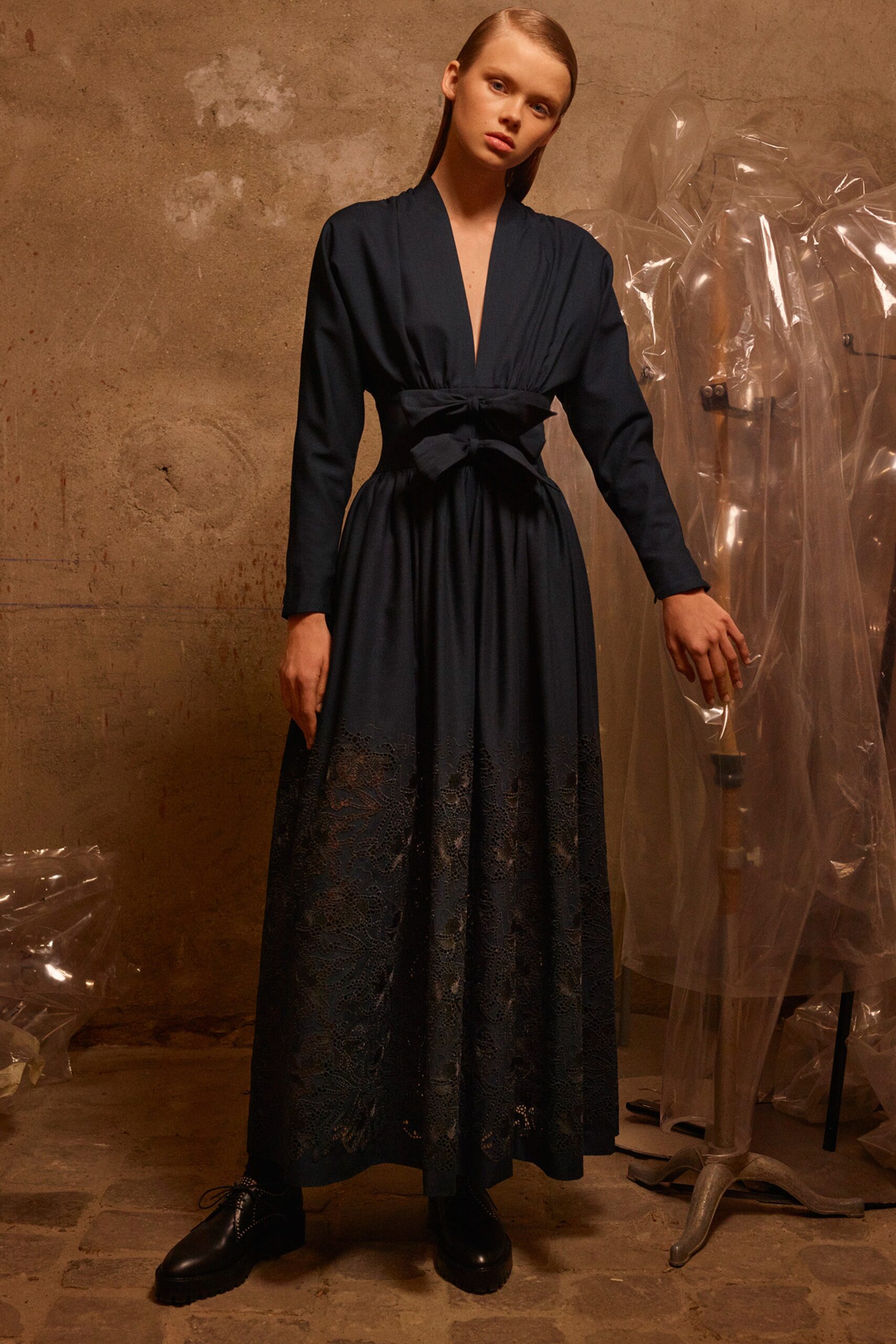 blue silk belted maxi dress