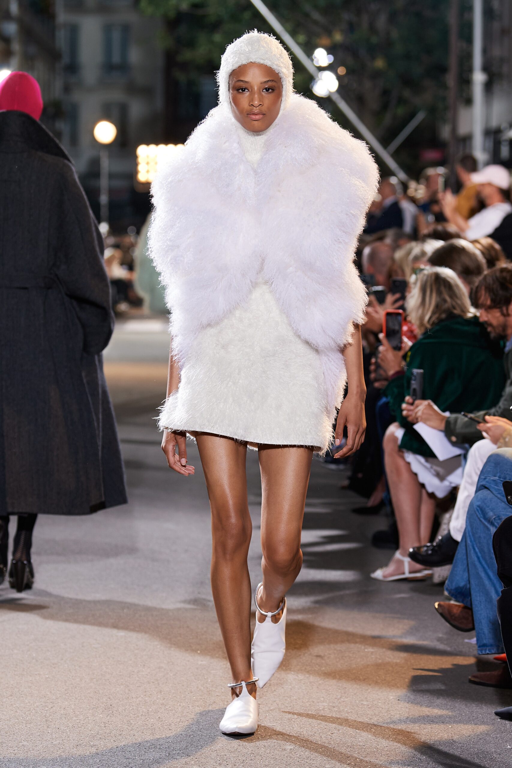 white fur mini dress with cape