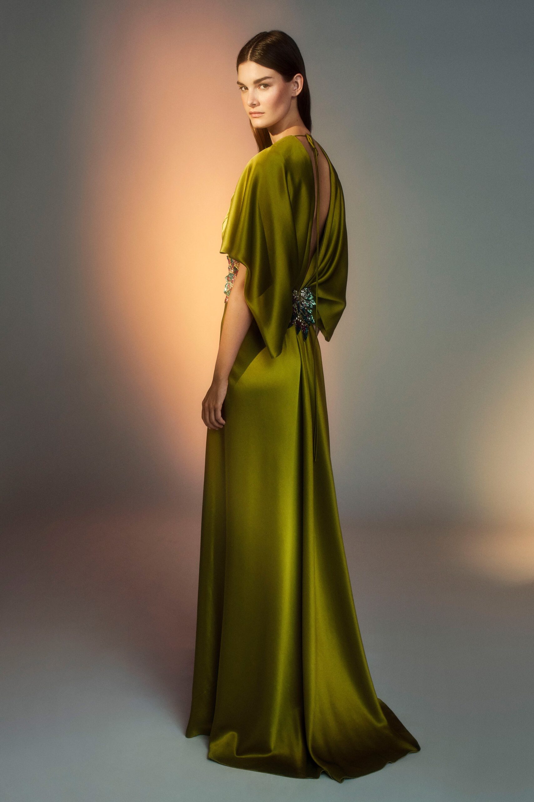 green silk backless gown