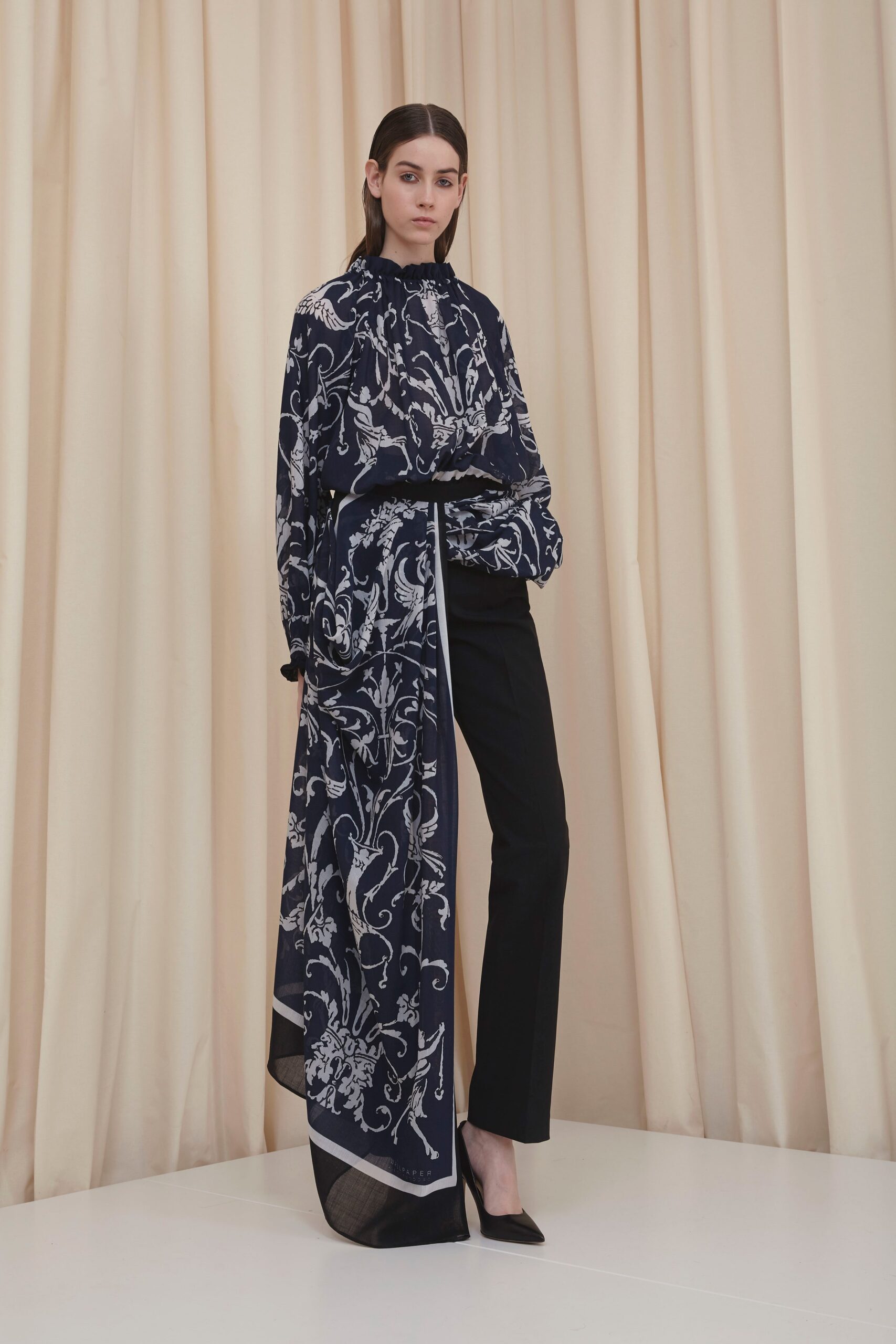 navy printed blouse with black pants