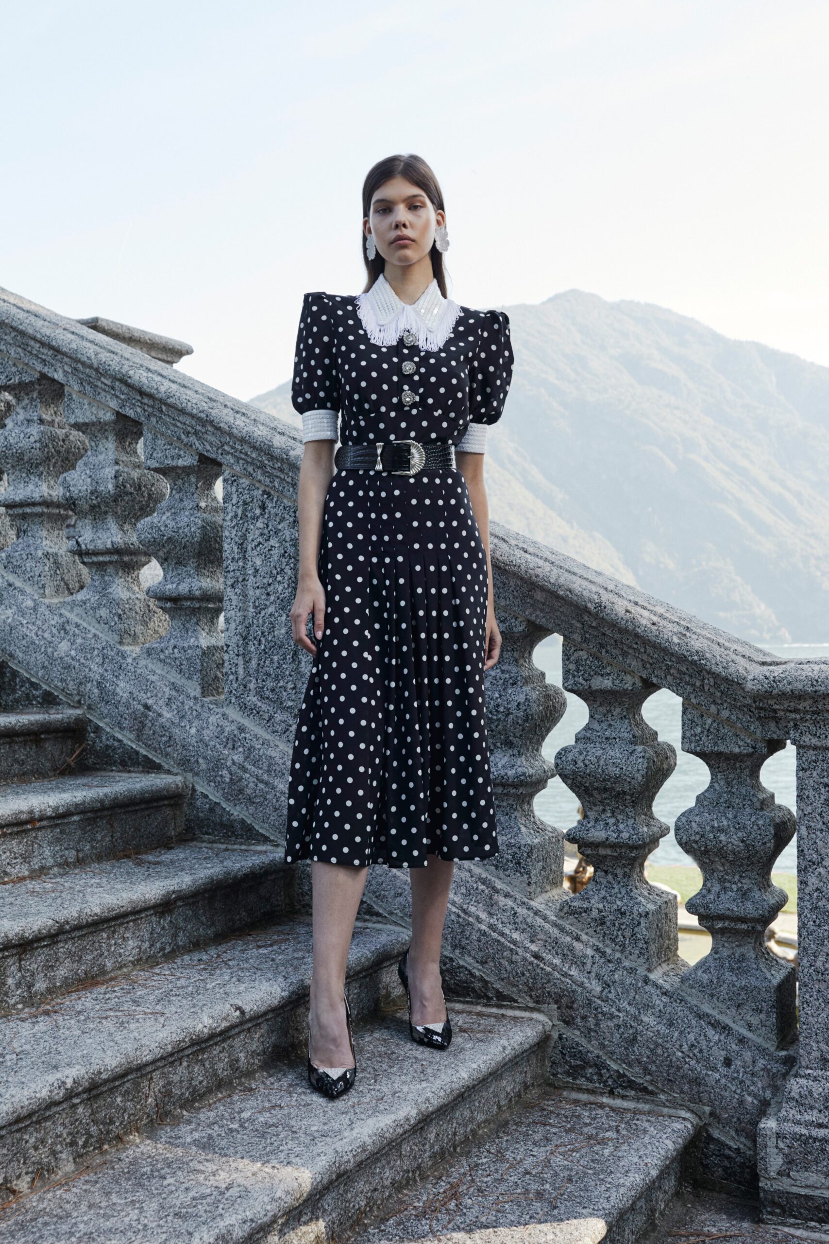 black and white polka-dot midi dress