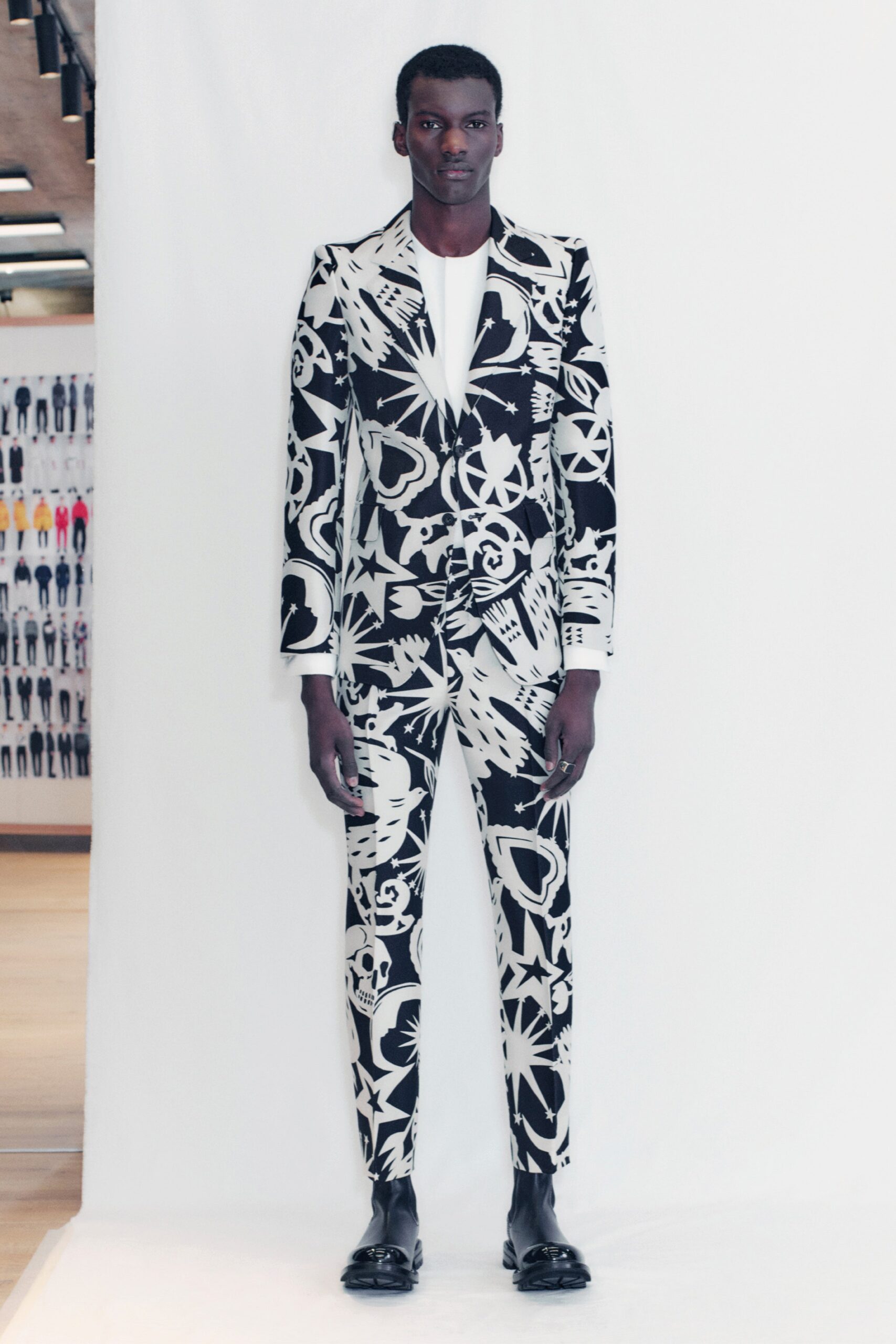 black and white printed suit
