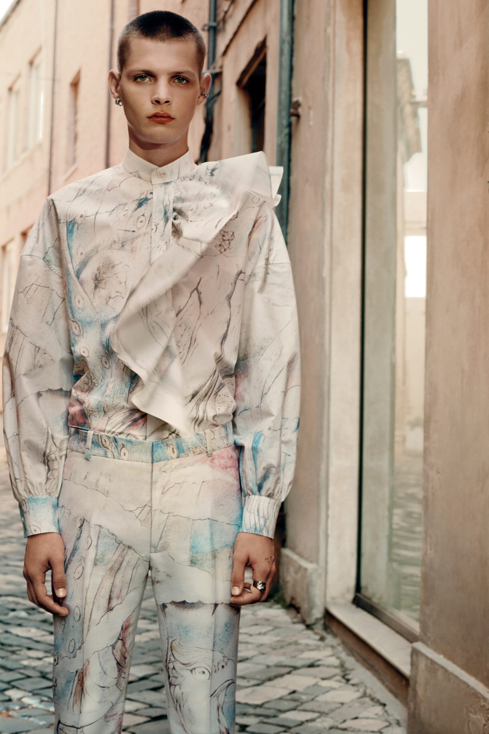 fitted white multi-patterned shirt and pants