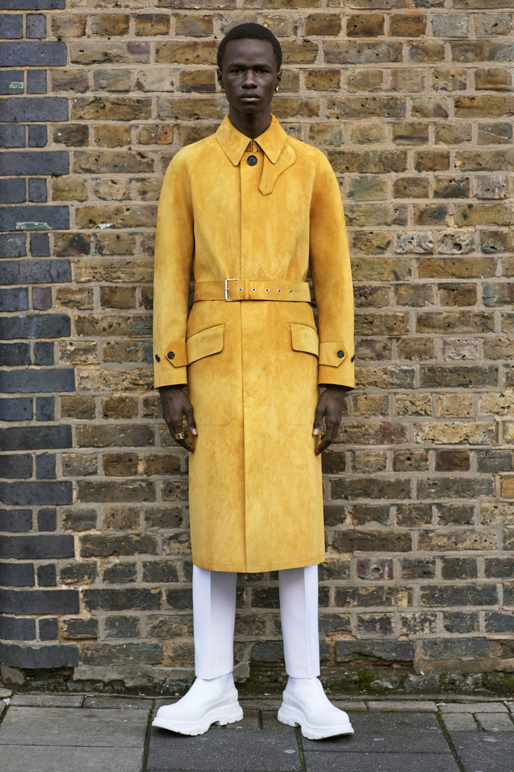 yellow suede belted coat