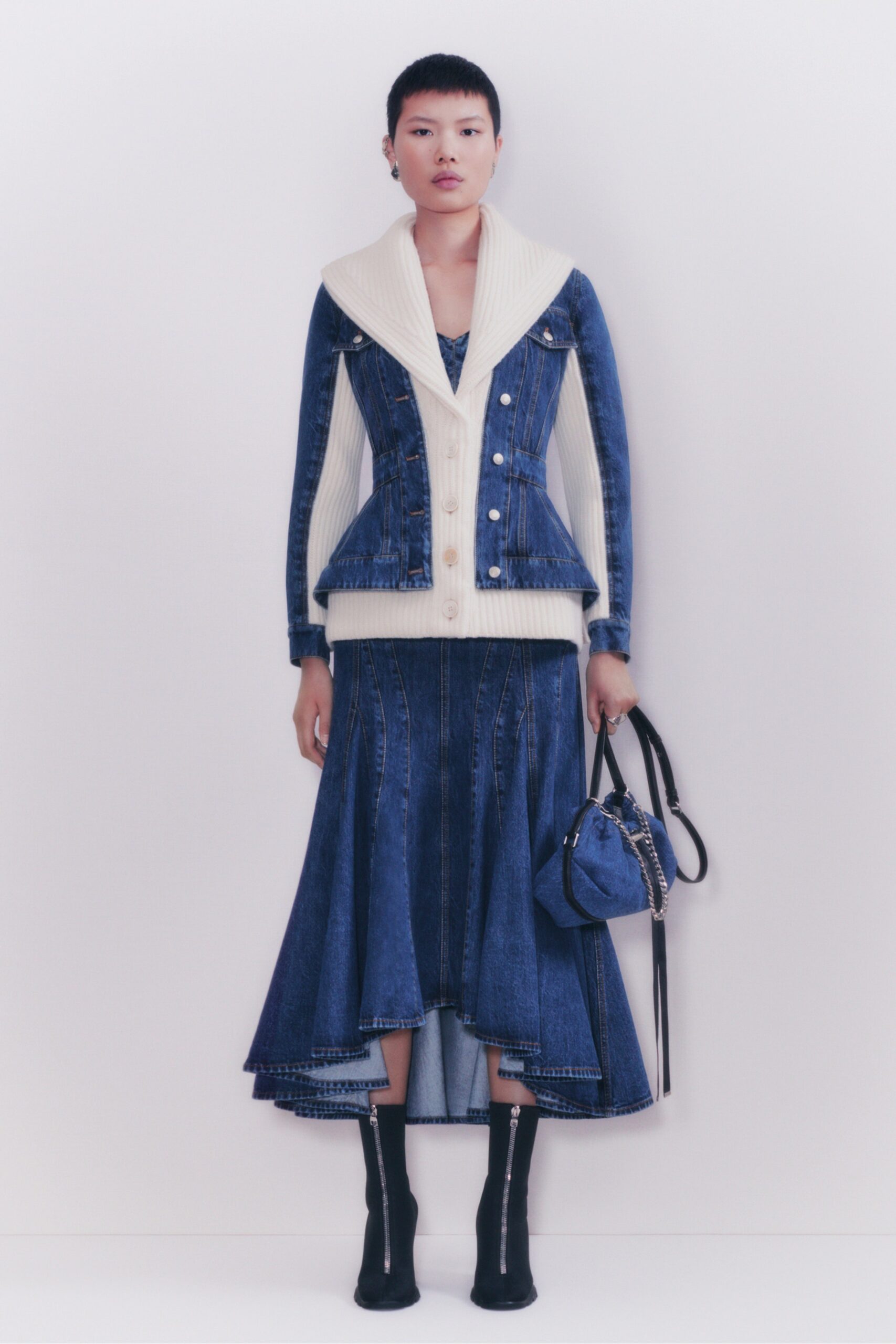 blue denim long-sleeve collared structured buttoned jacket