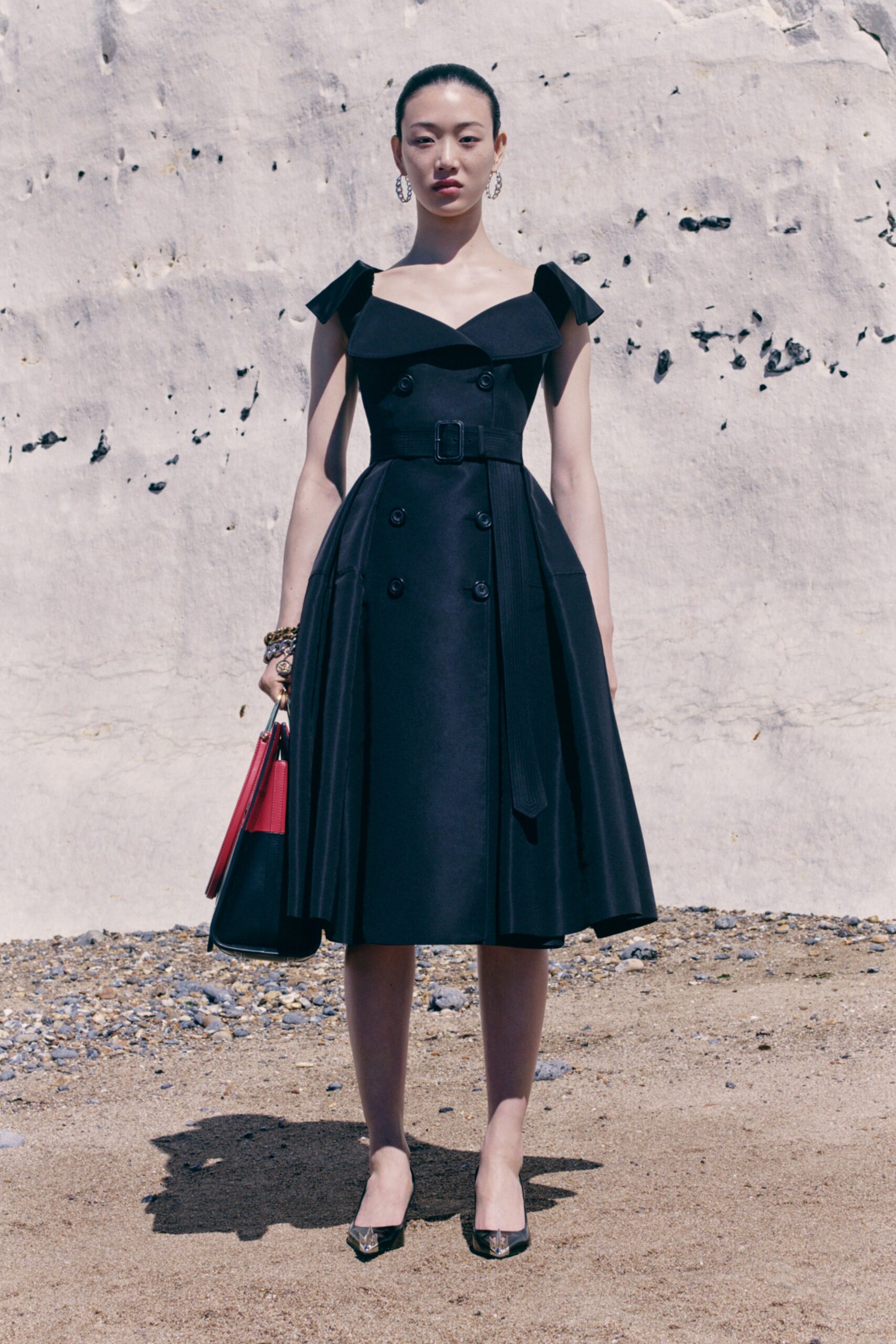black off-shoulder belted dress