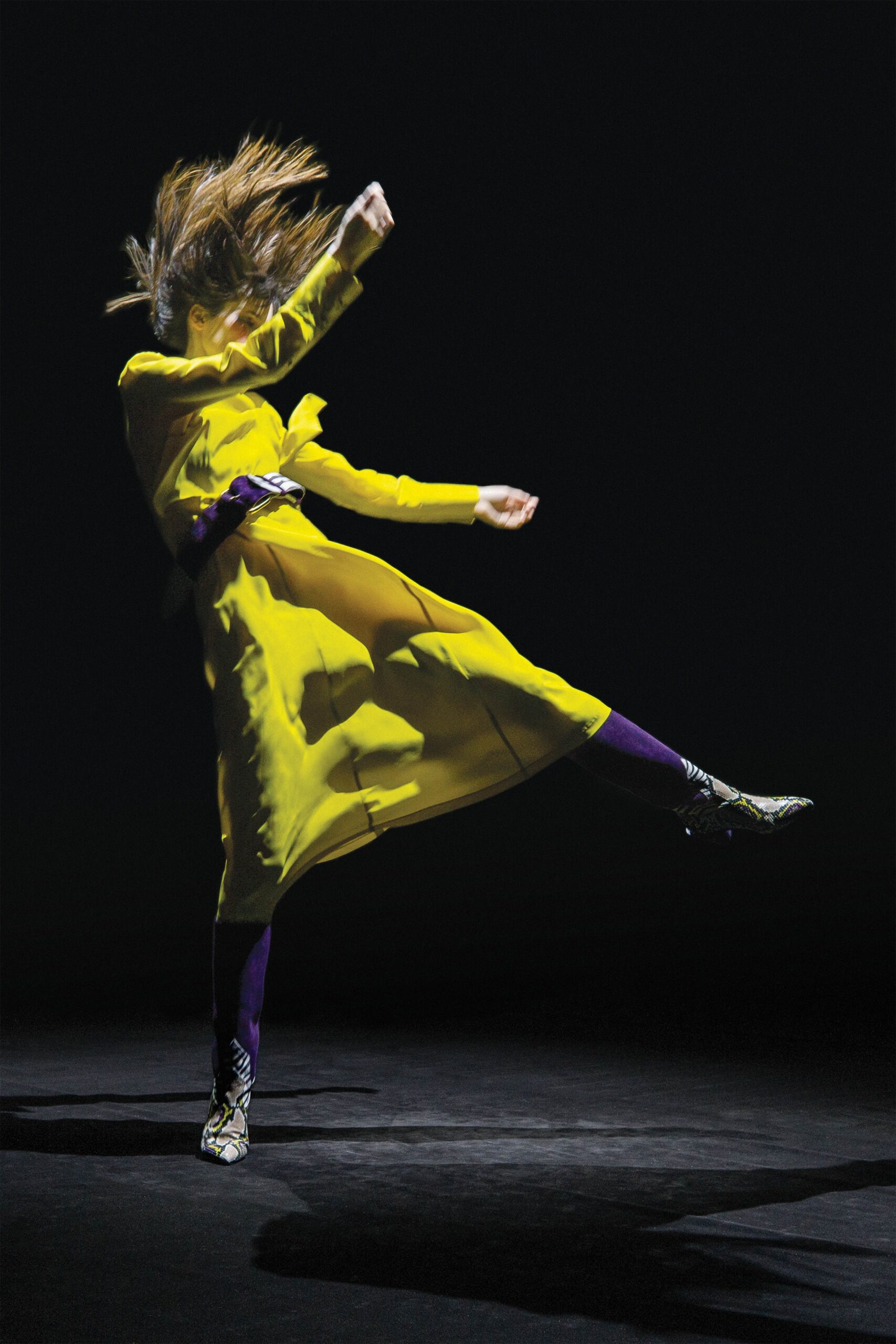 yellow midi dress with purple leggings