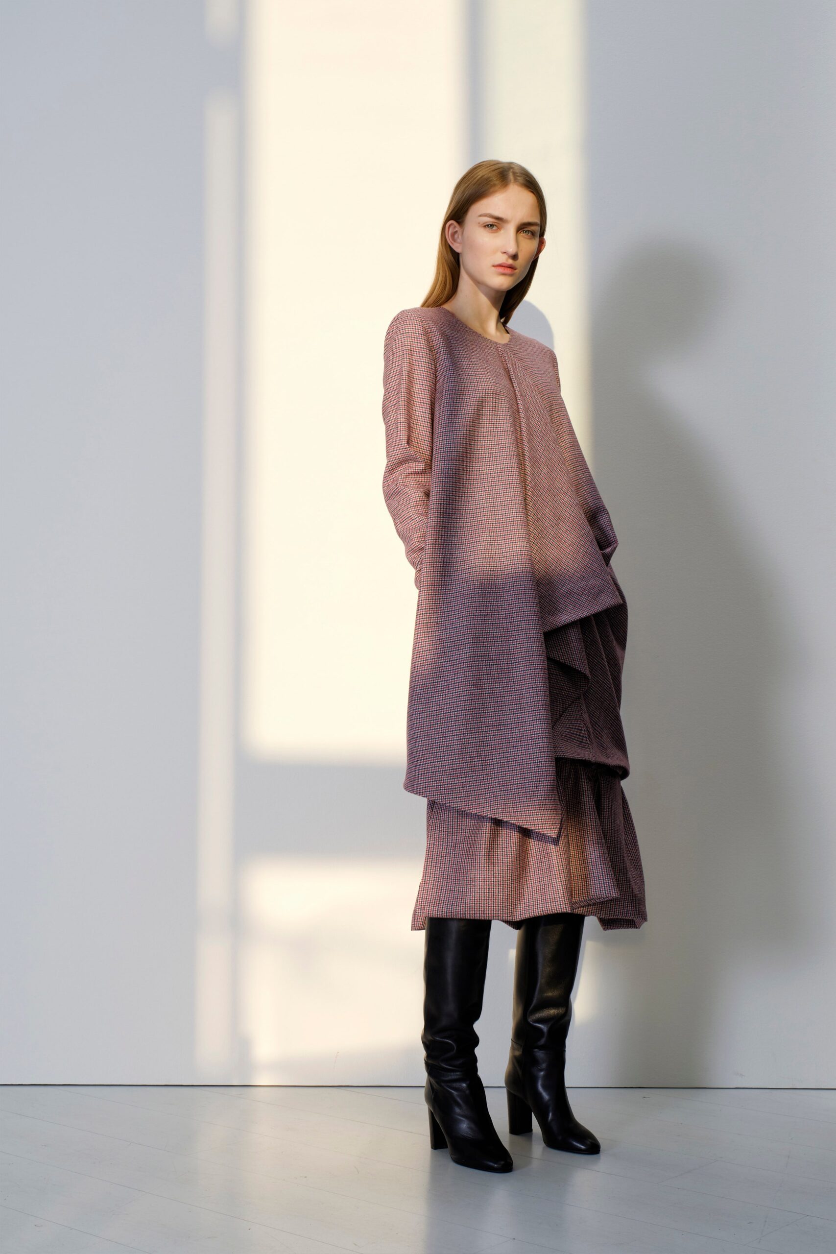 pink wool long-sleeve collared relaxed layered a-line dress