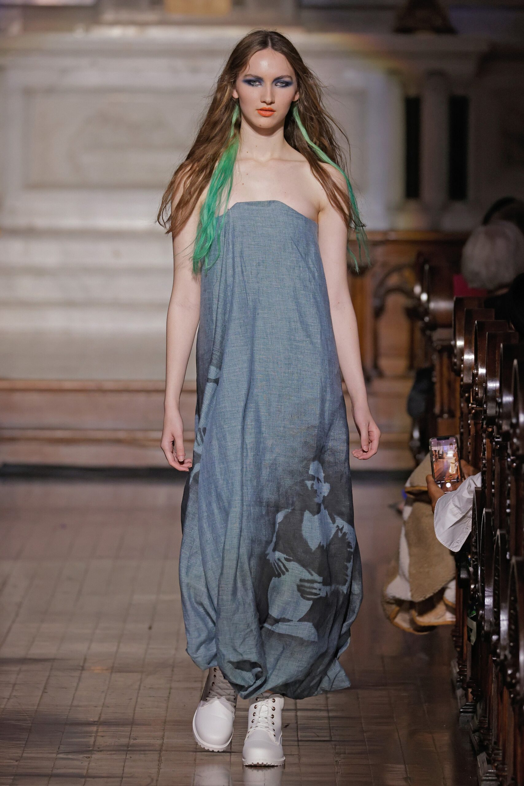 blue cotton strapless maxi dress
