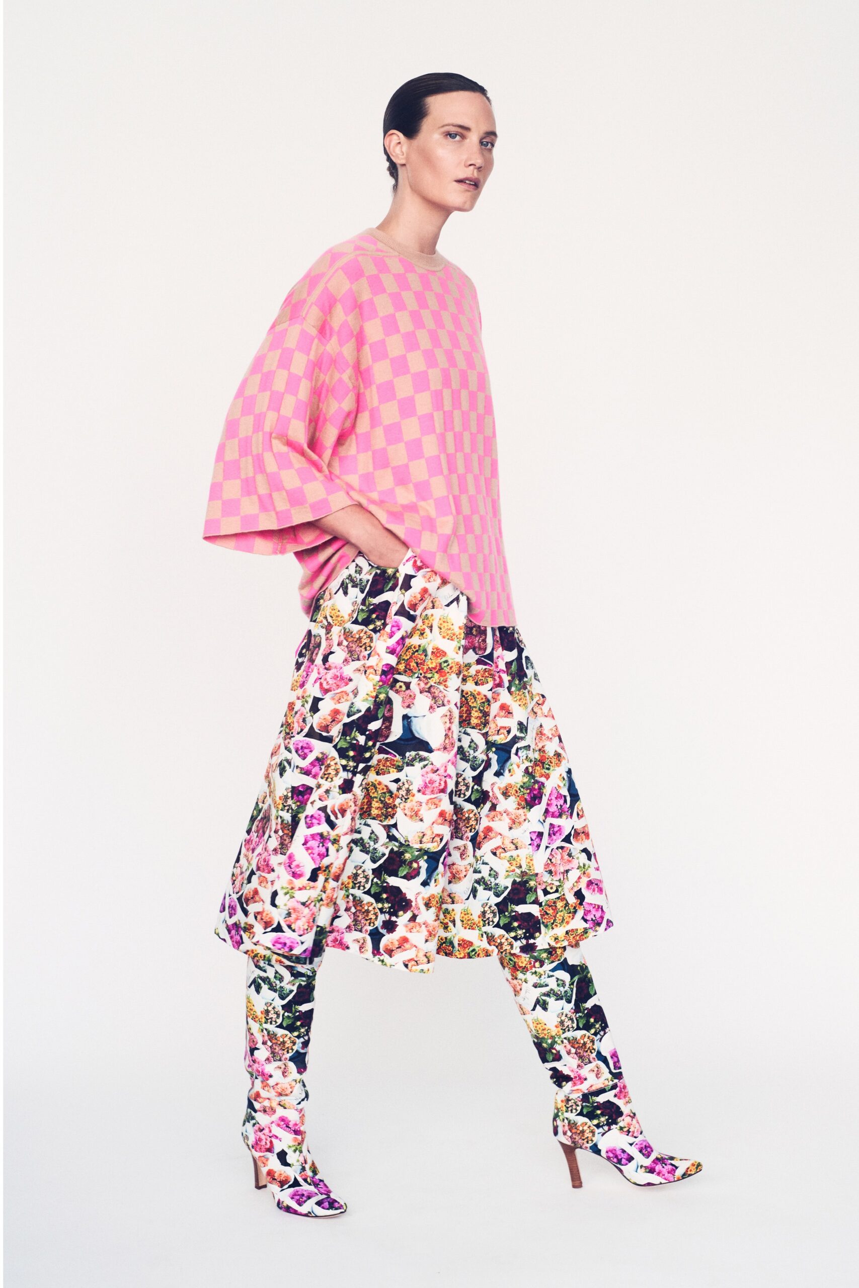pink oversized checked top with floral skirt