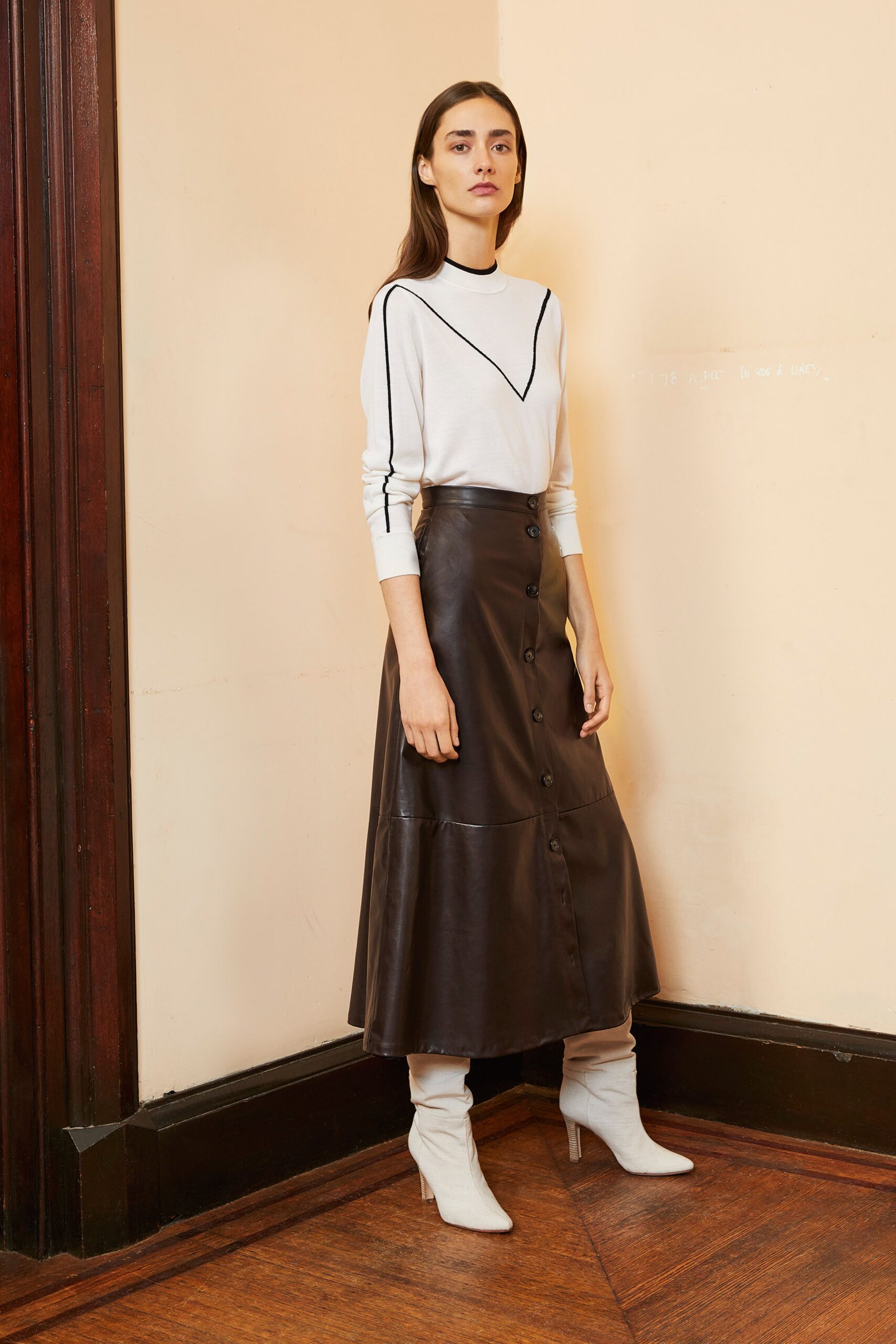 brown leather fitted high-waisted buttoned tiered midi skirt