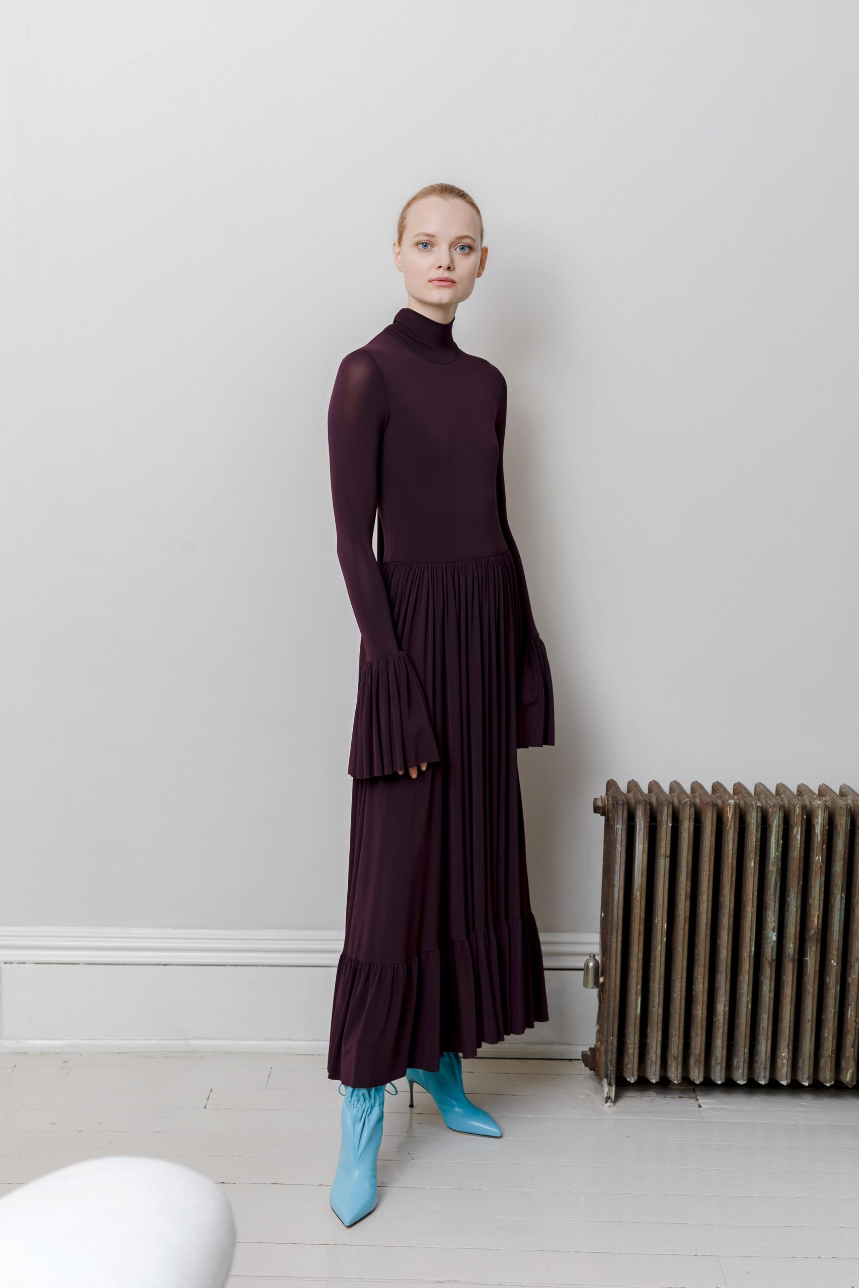 purple silk maxi dress with blue boots
