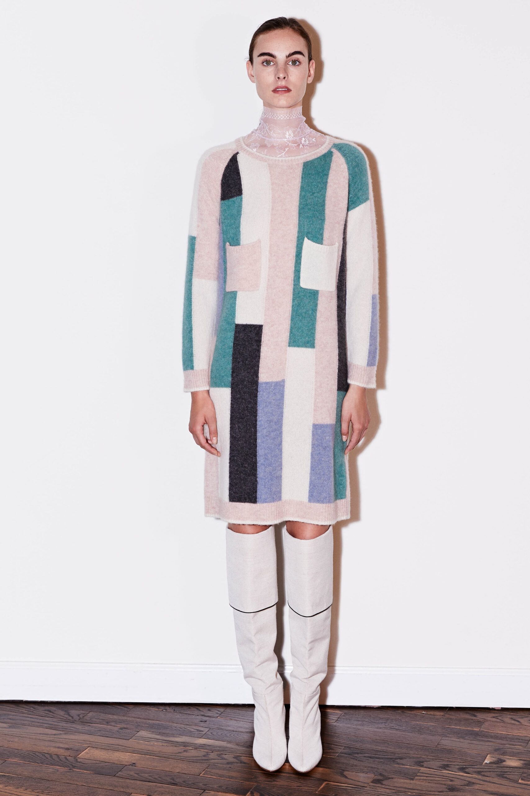 pink wool long-sleeve collared relaxed color-blocked pockets dress