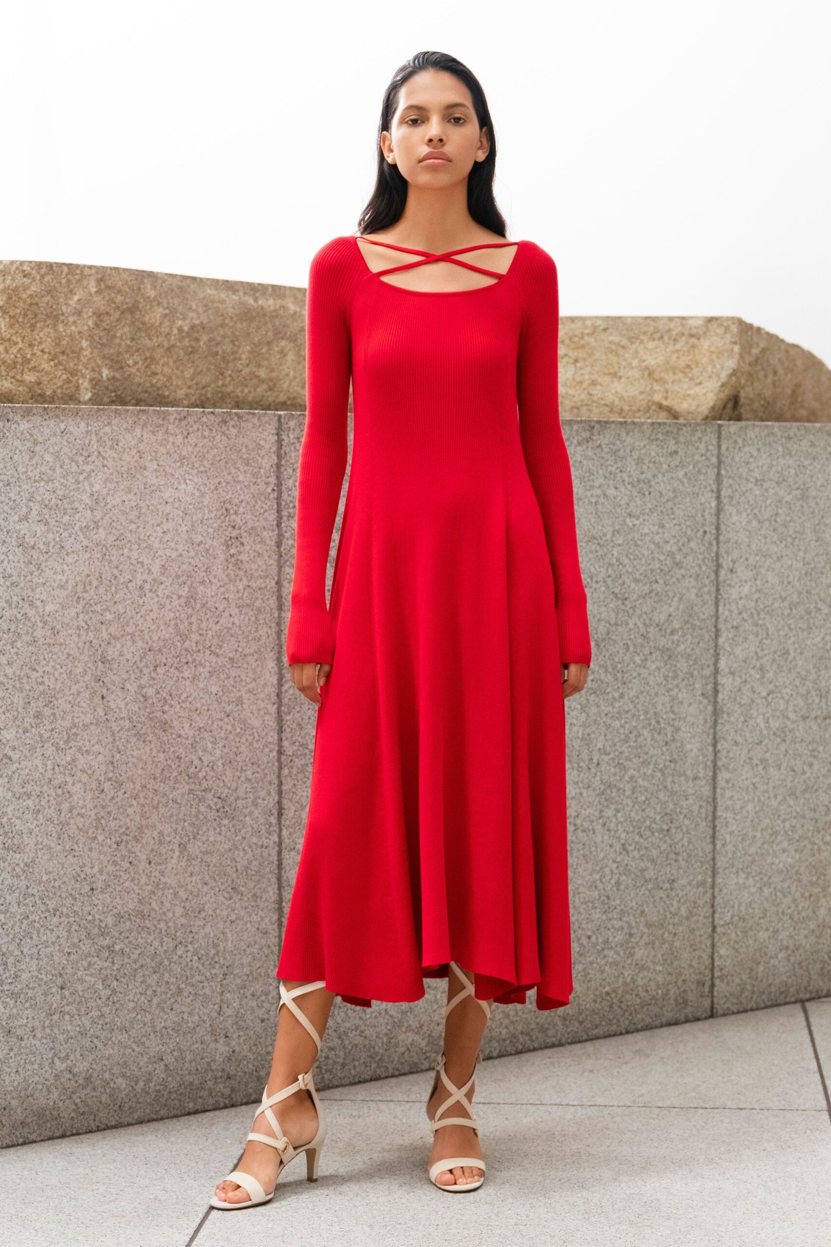 red fitted midi dress