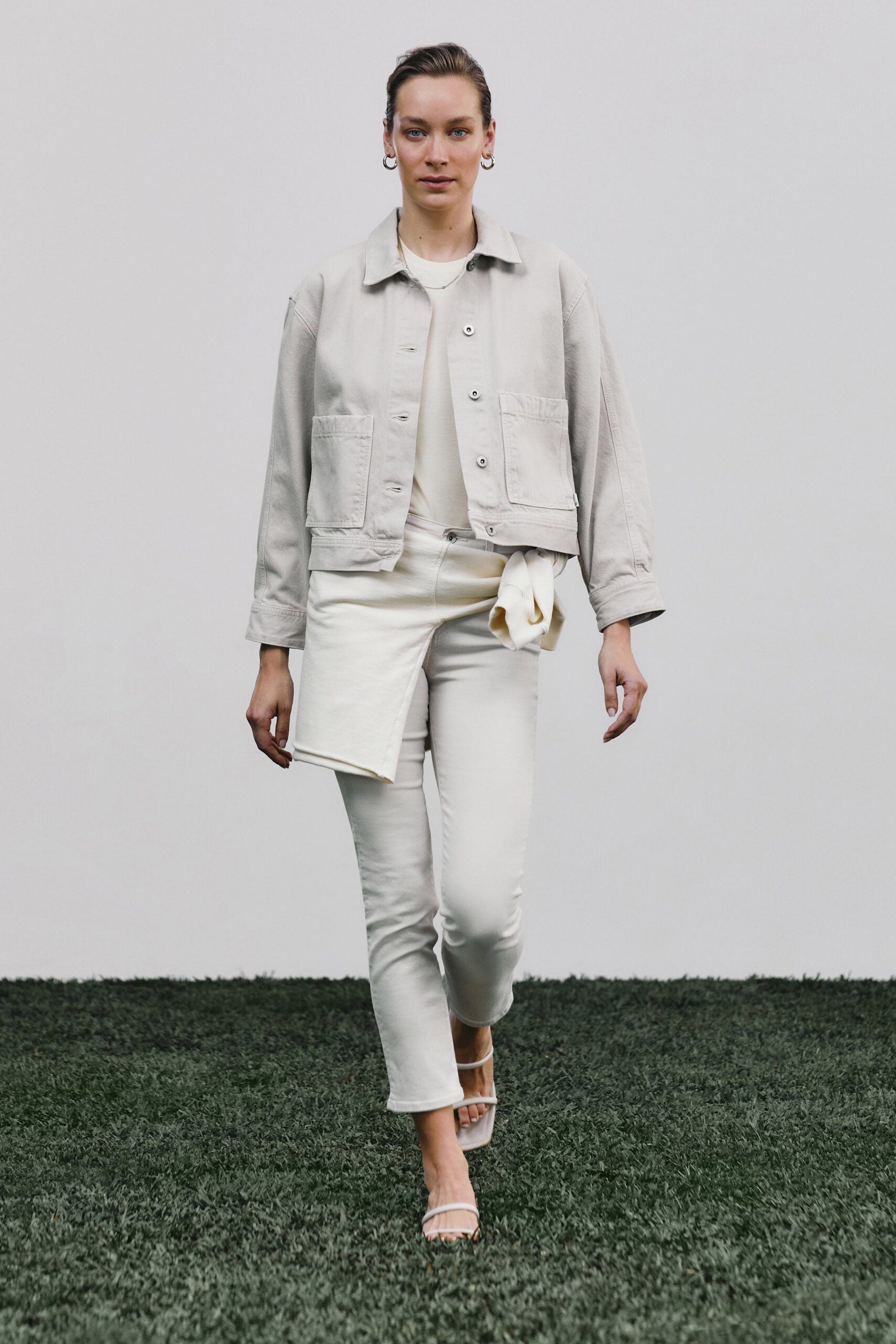 beige relaxed jacket with white top