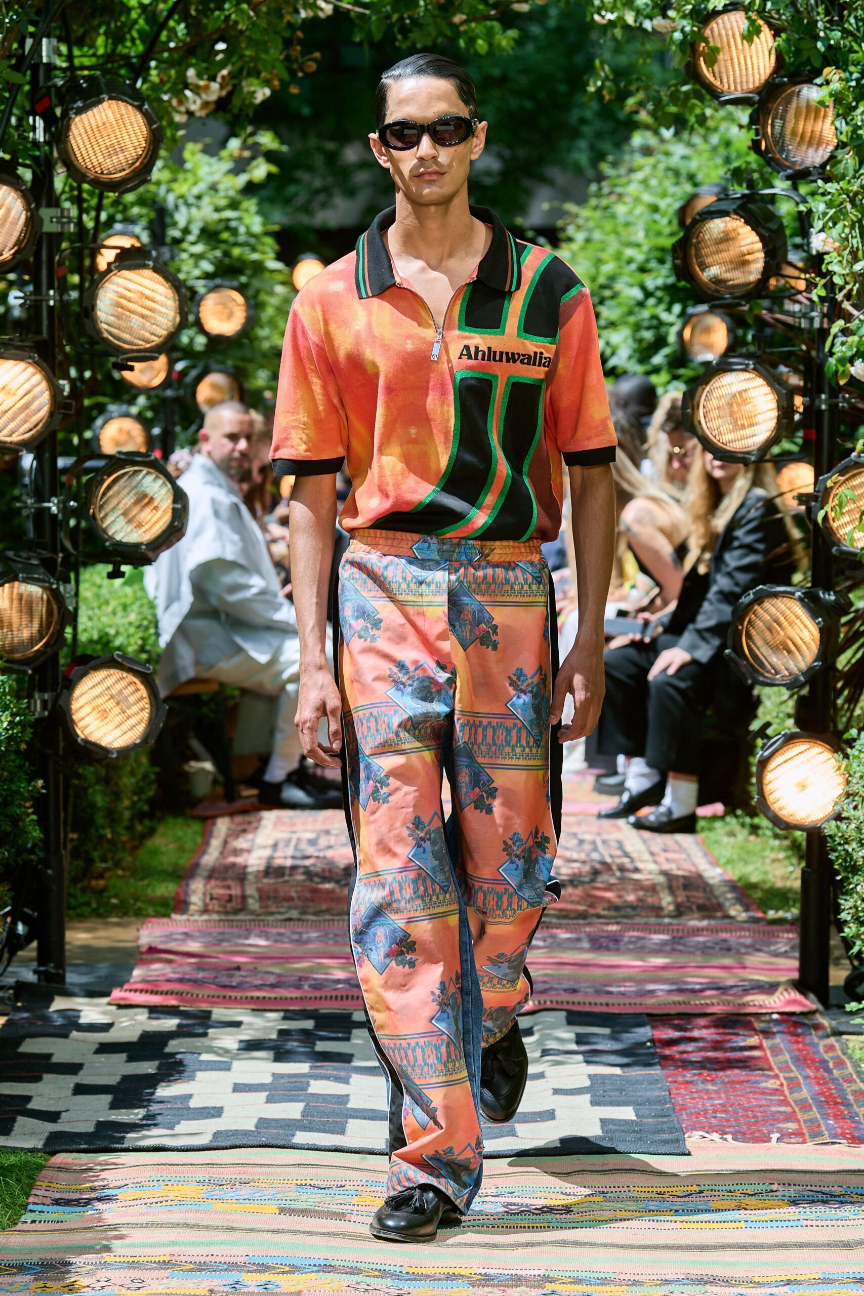 color-blocked shirt and printed pants