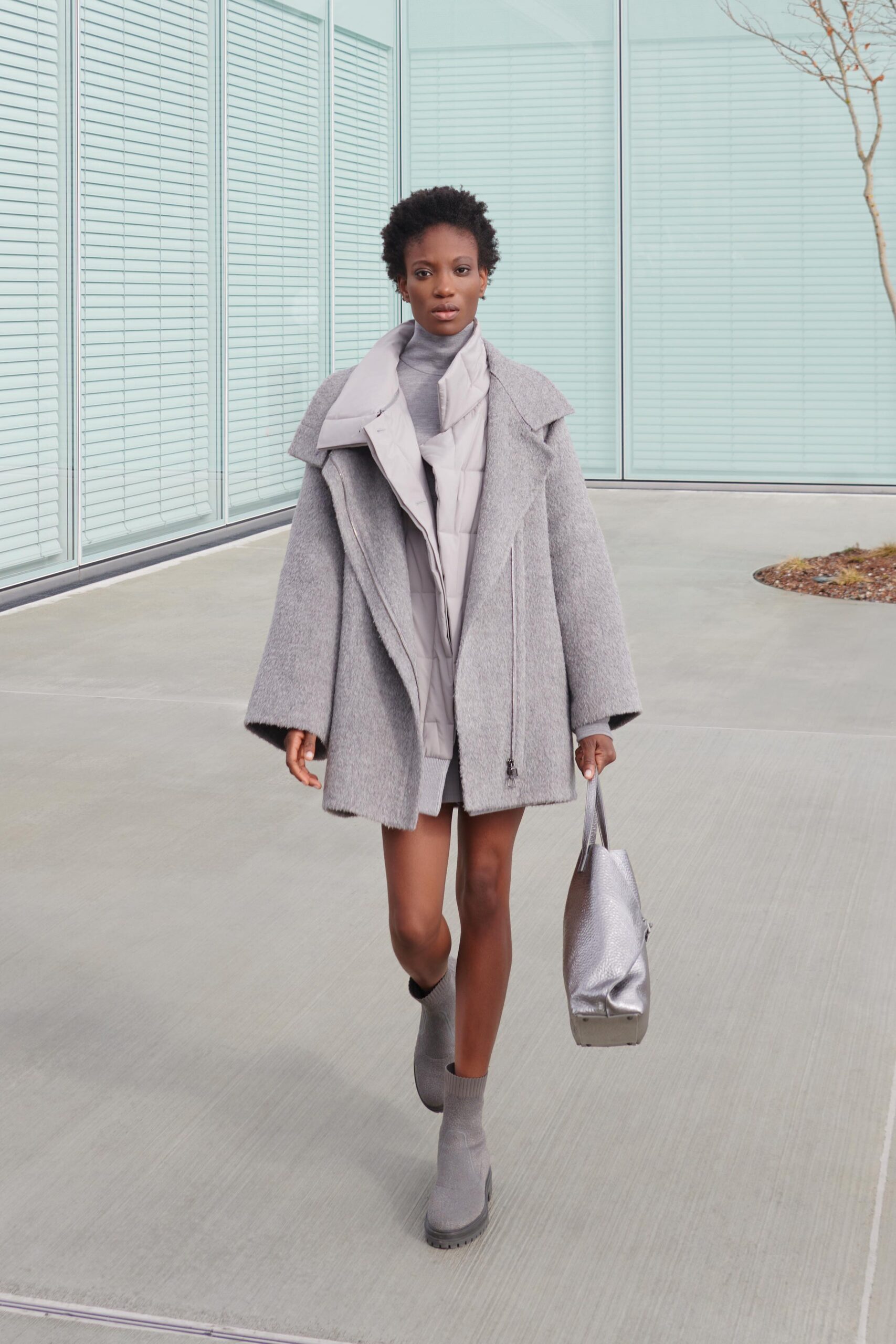 gray cotton sleeveless high-neck fitted zippered mini dress