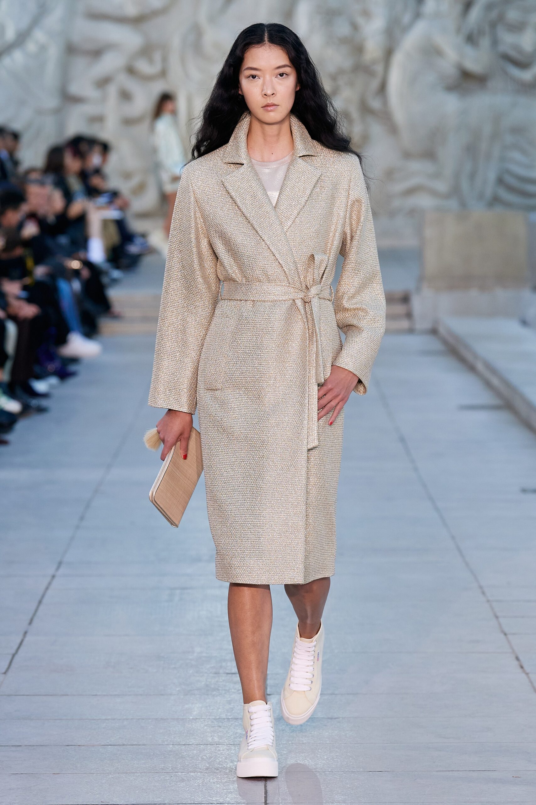 gold metallic long-sleeve collared fitted belted straight-leg coat