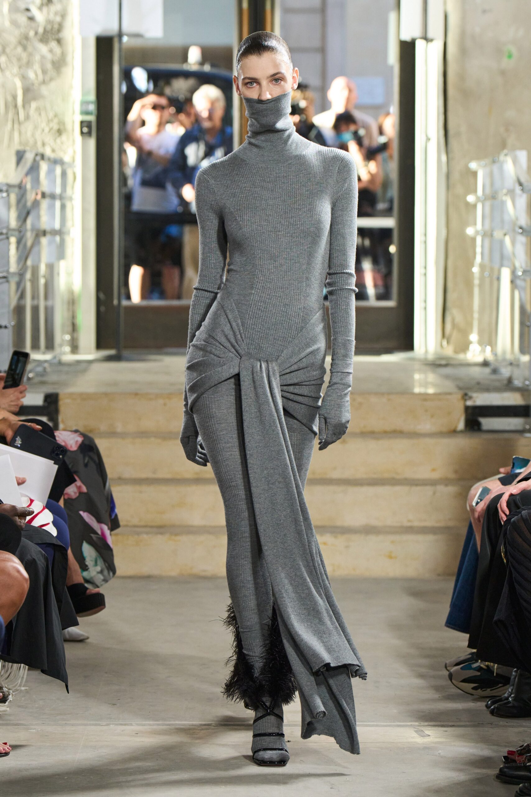 fitted gray knit maxi dress