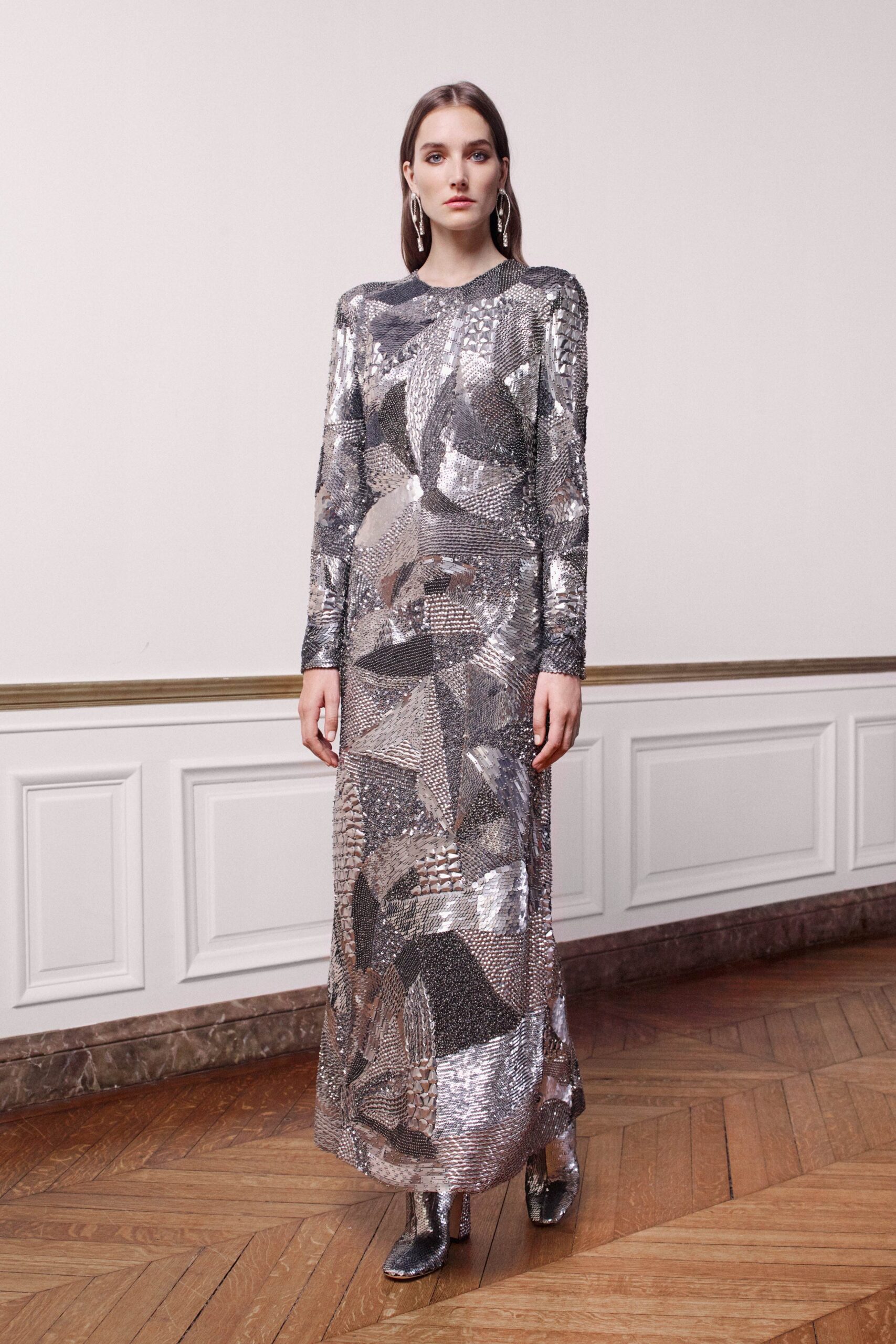fitted silver sequin gown