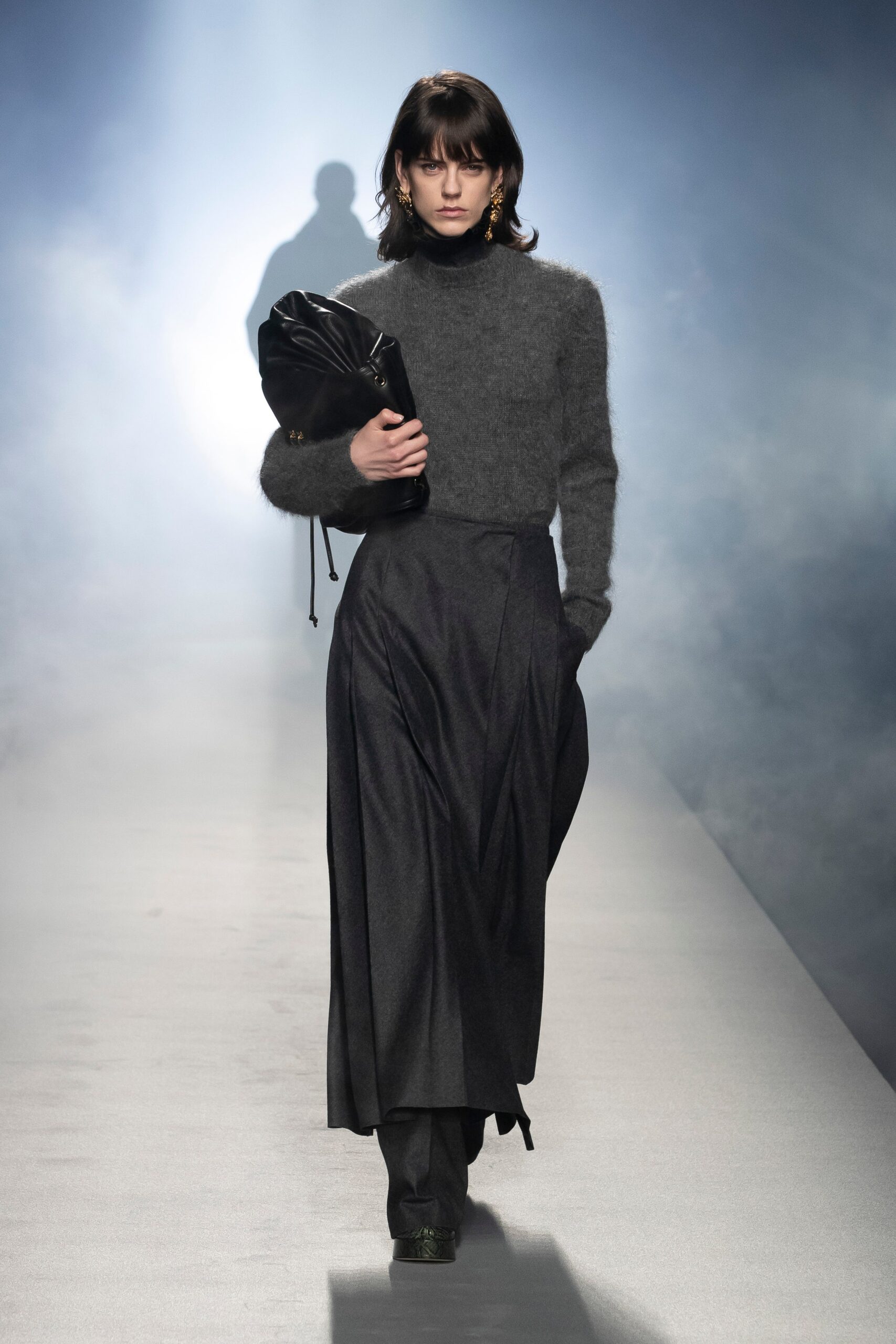 black wool relaxed high-waisted pleated a-line midi skirt