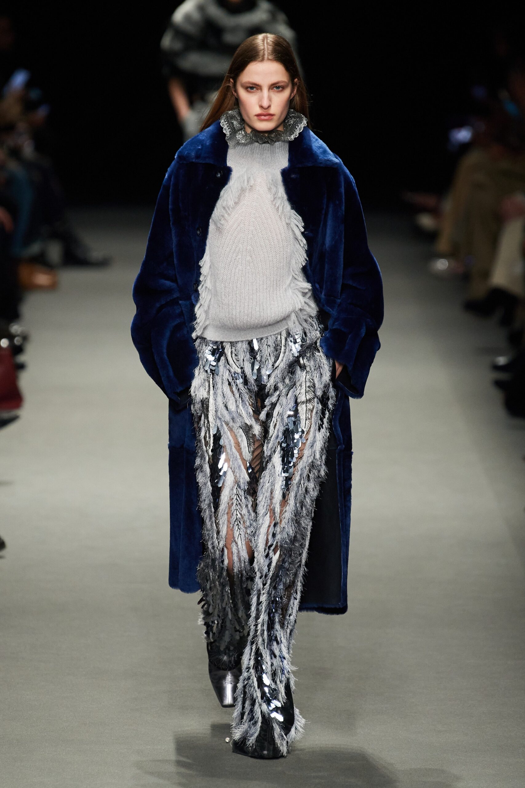 blue velvet coat with sequined pants