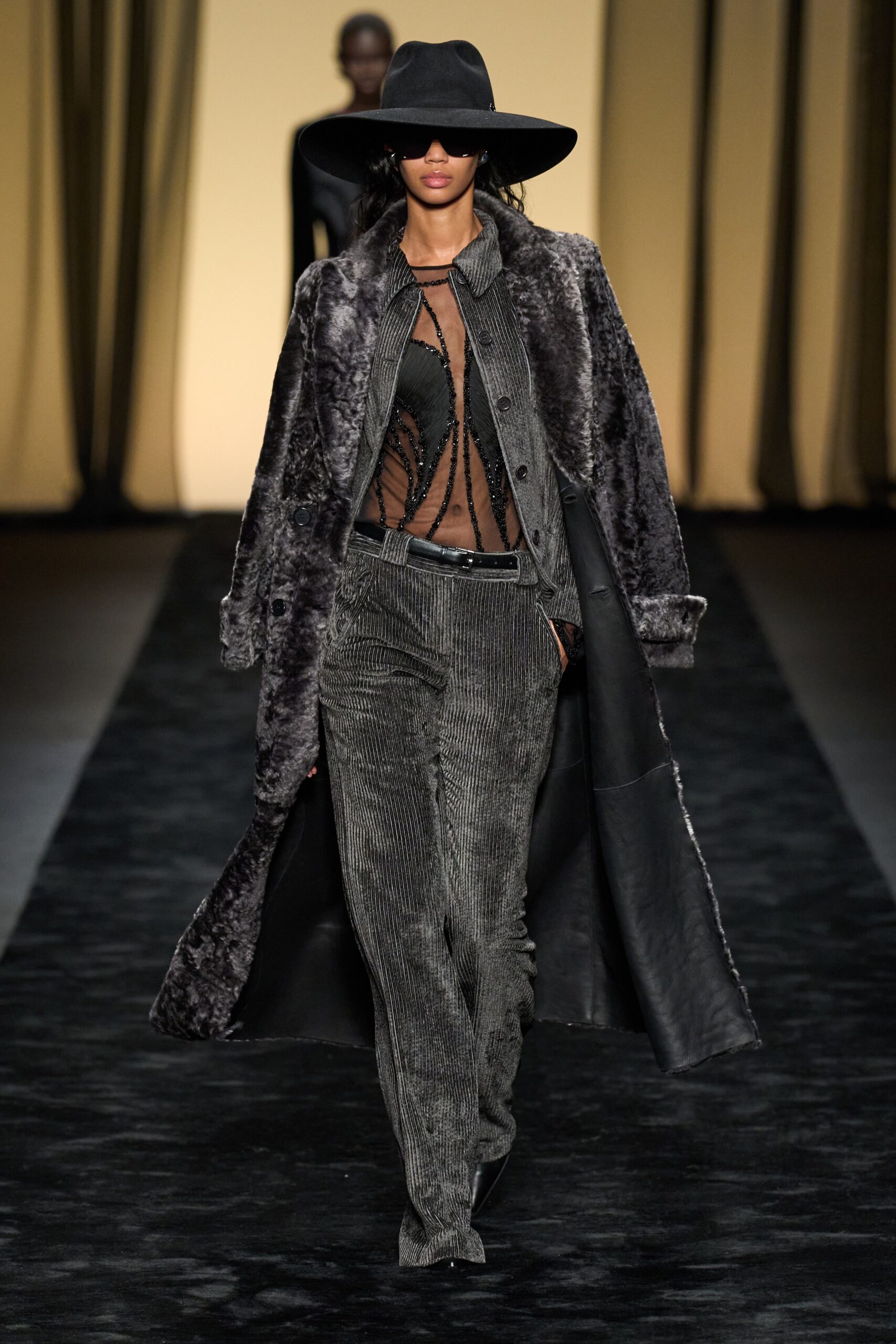 gray fur coat with black lace top
