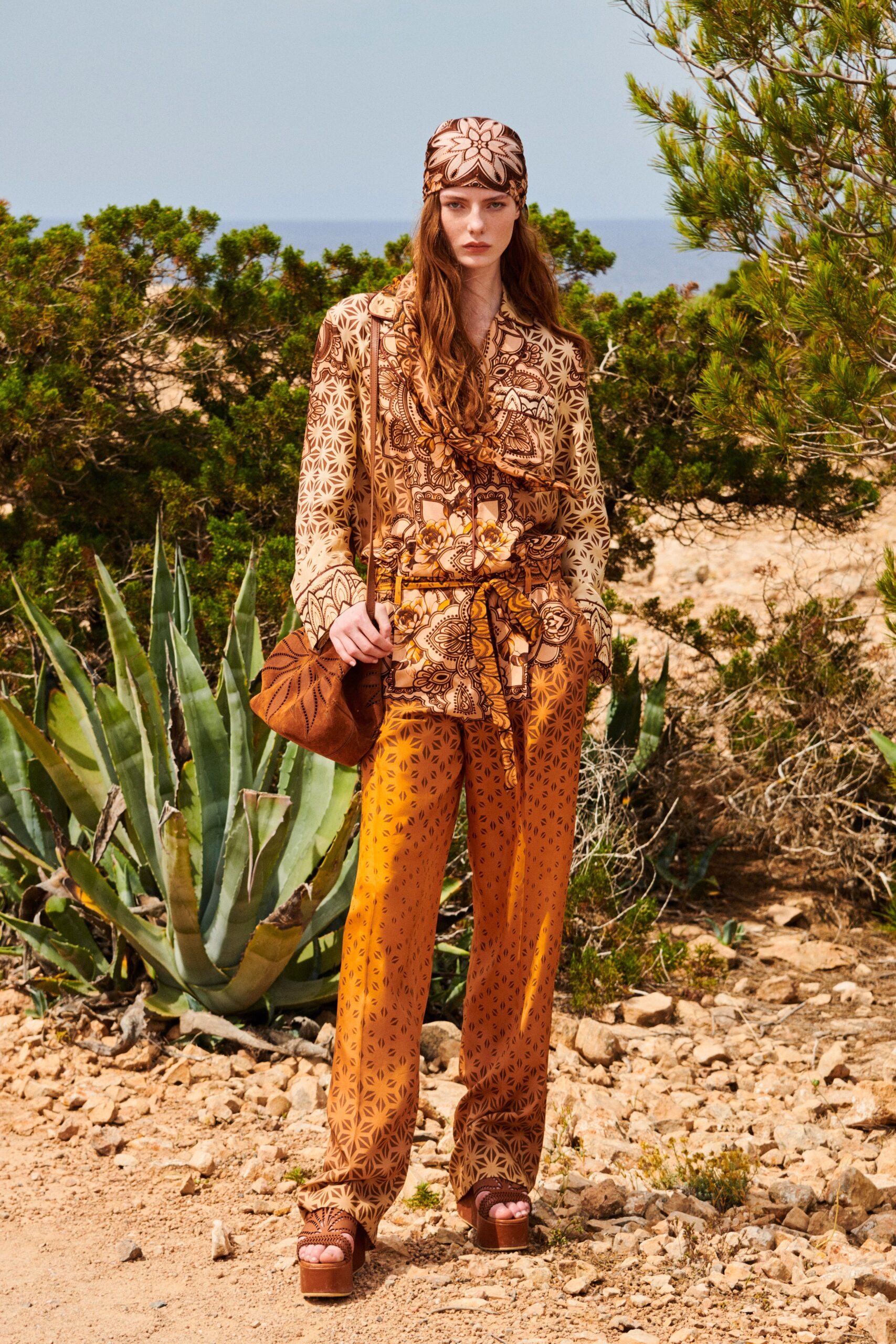 orange silk fitted straight-leg printed pants