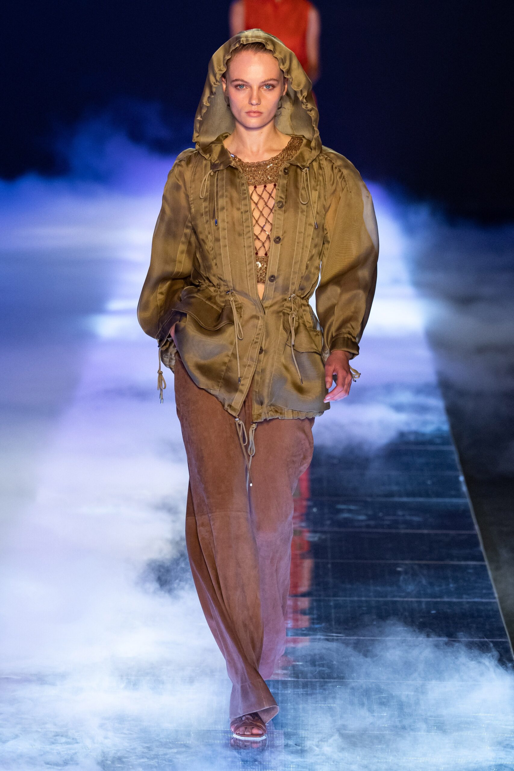 brown silk long-sleeve hooded relaxed zippered draped jacket