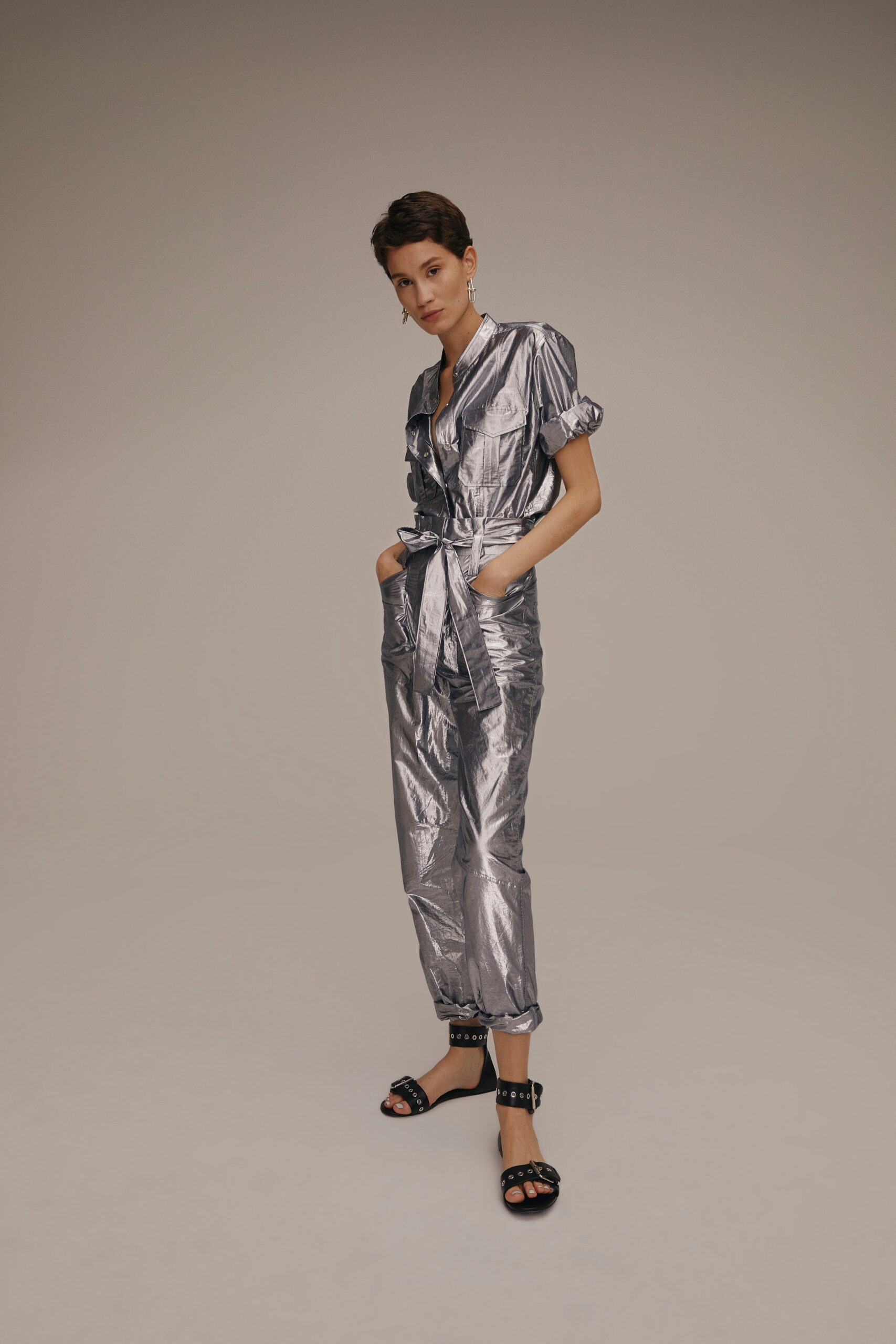 gray metallic short-sleeve v-neck fitted zippered pockets jumpsuit