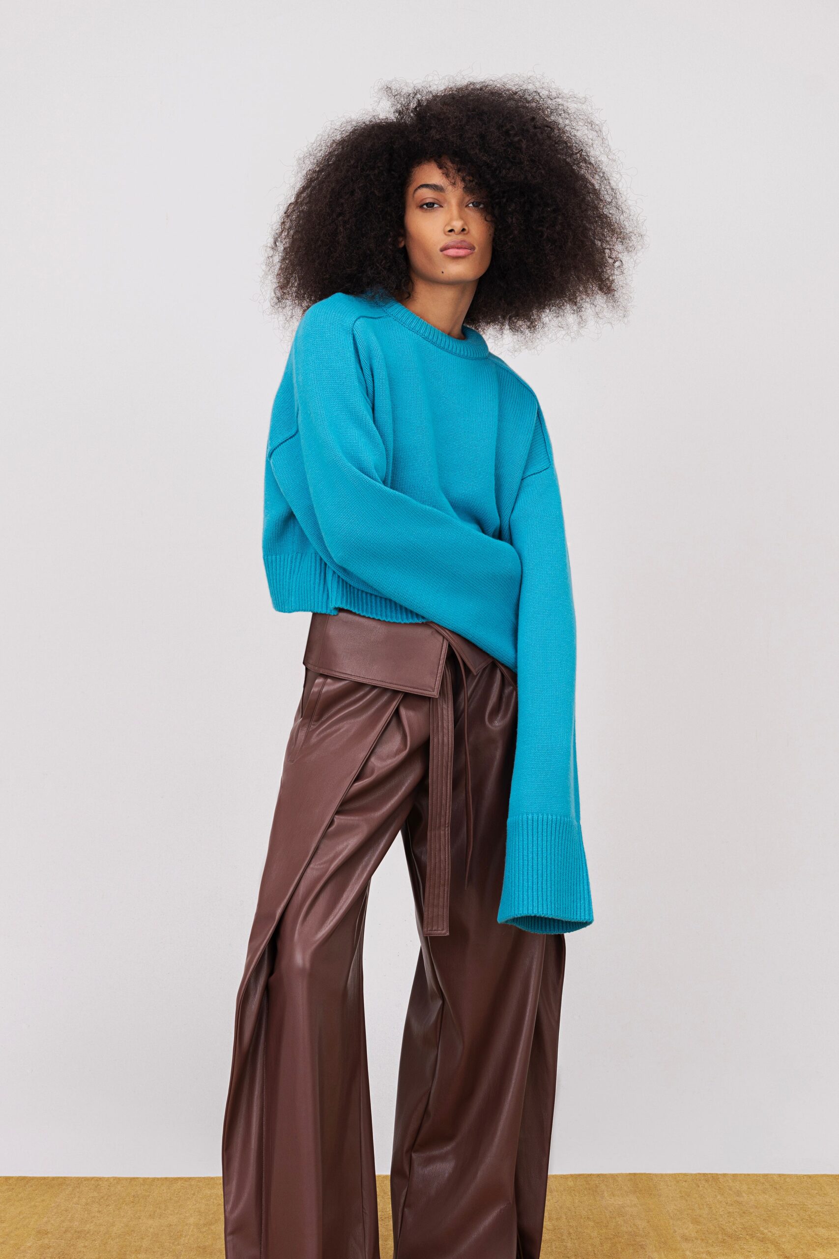 brown leather relaxed wide-leg pants