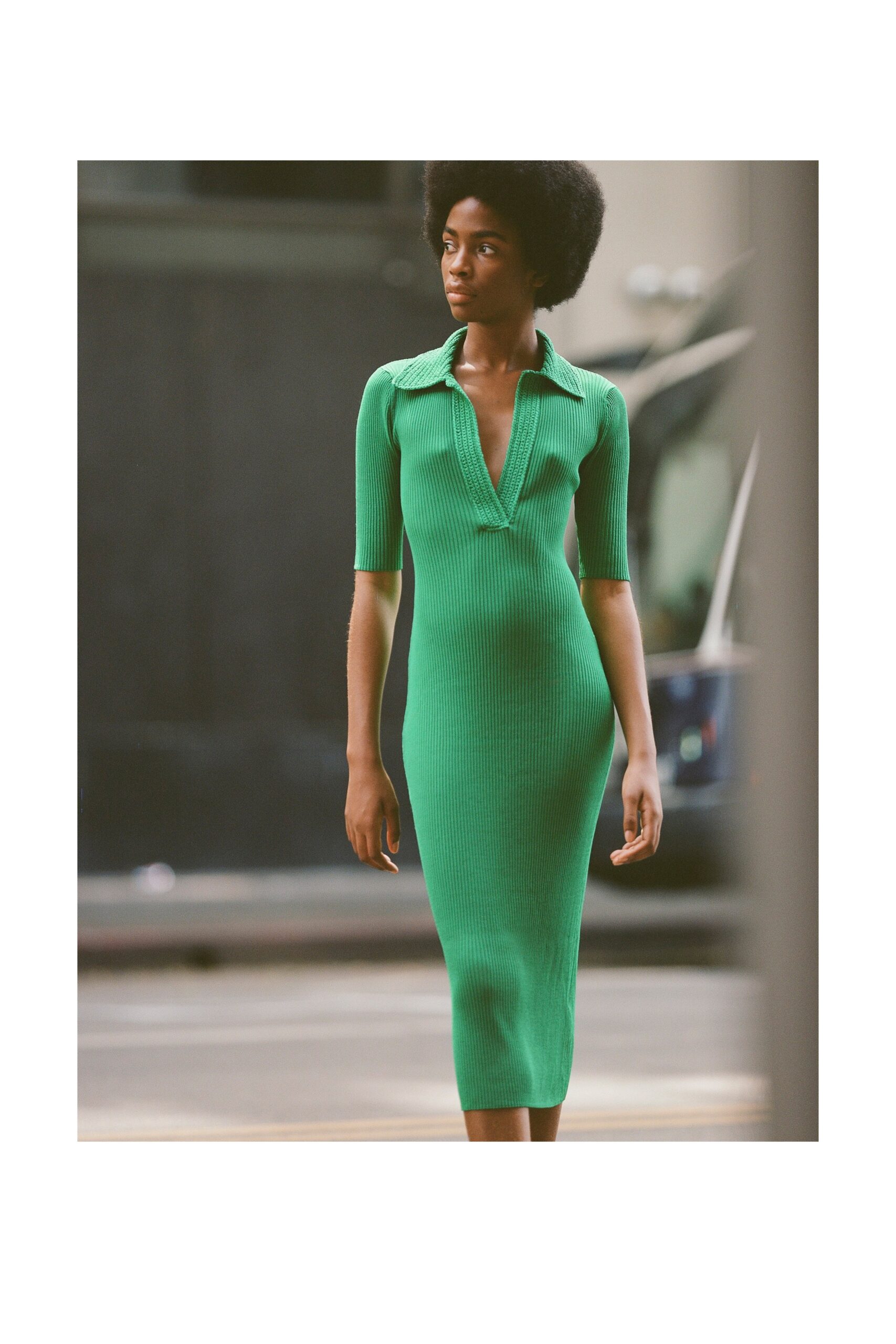 fitted green ribbed midi dress