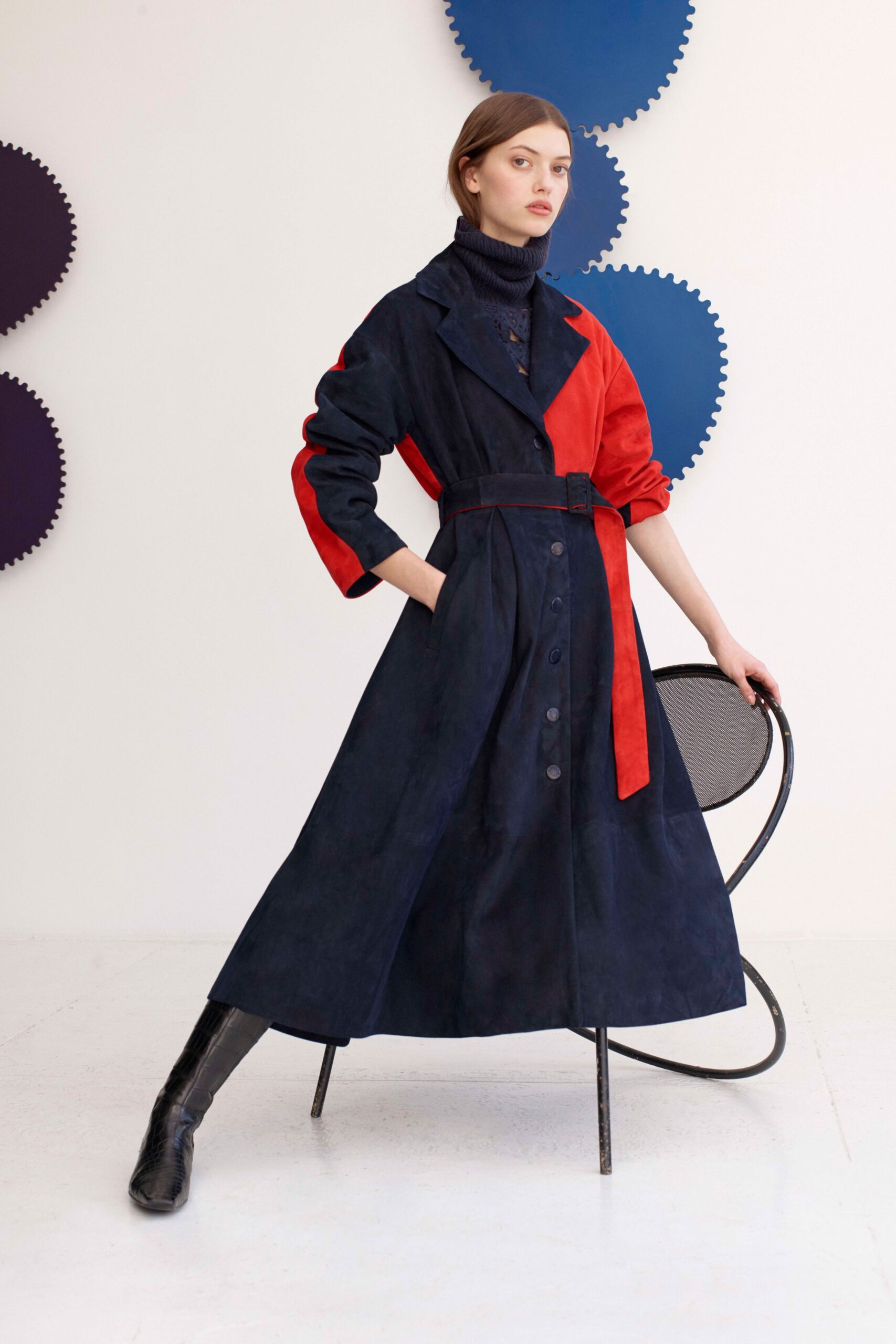 navy and red belted trench coat