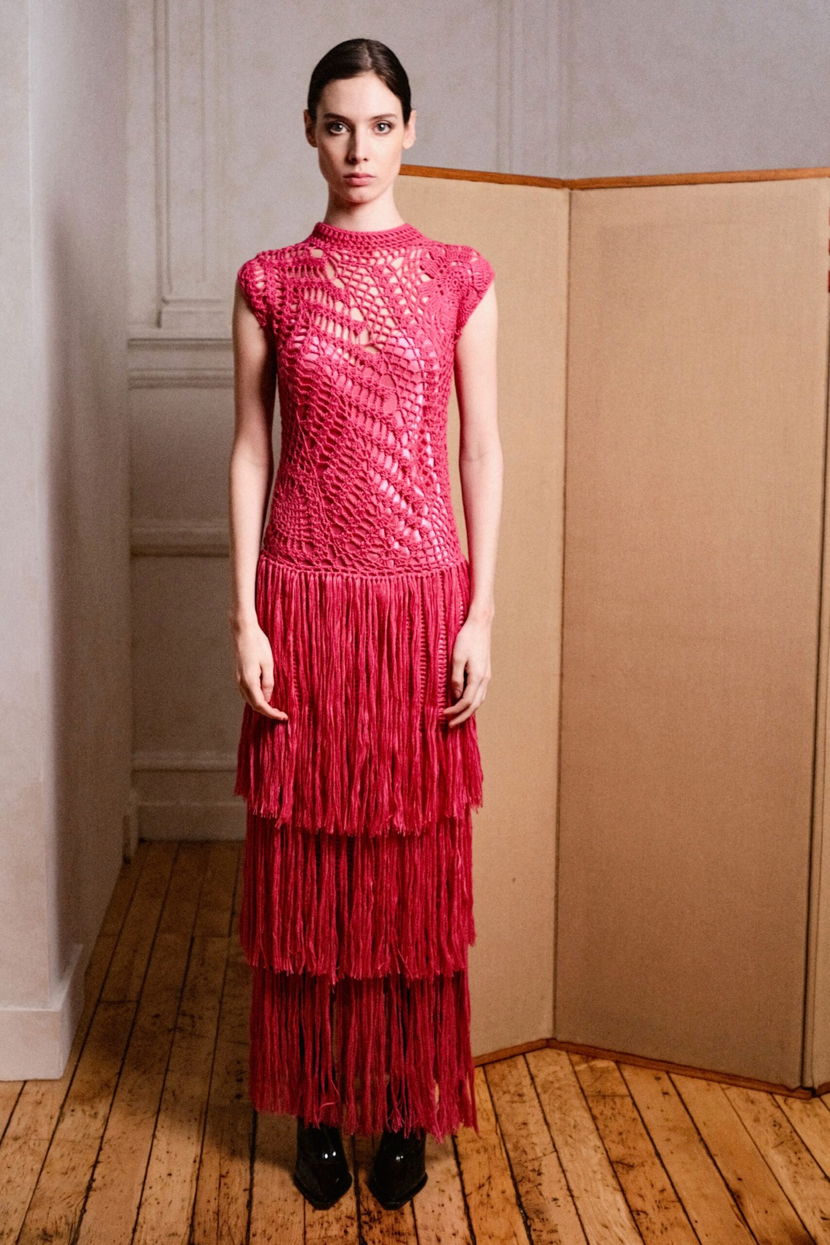 pink fringed maxi dress