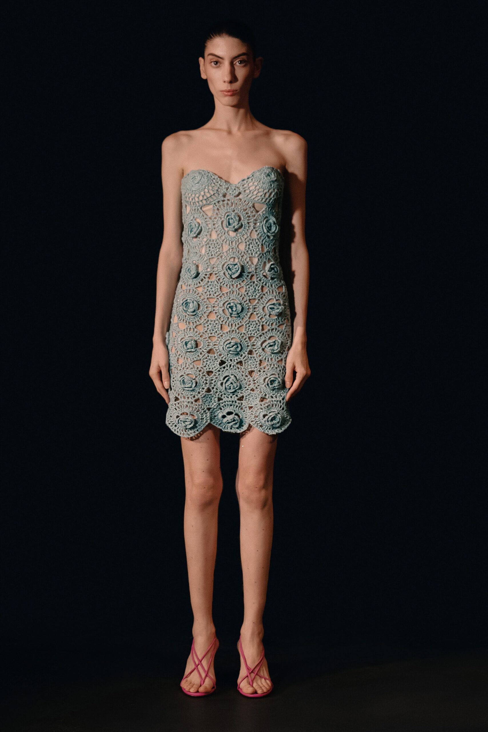 blue crochet strapless mini dress