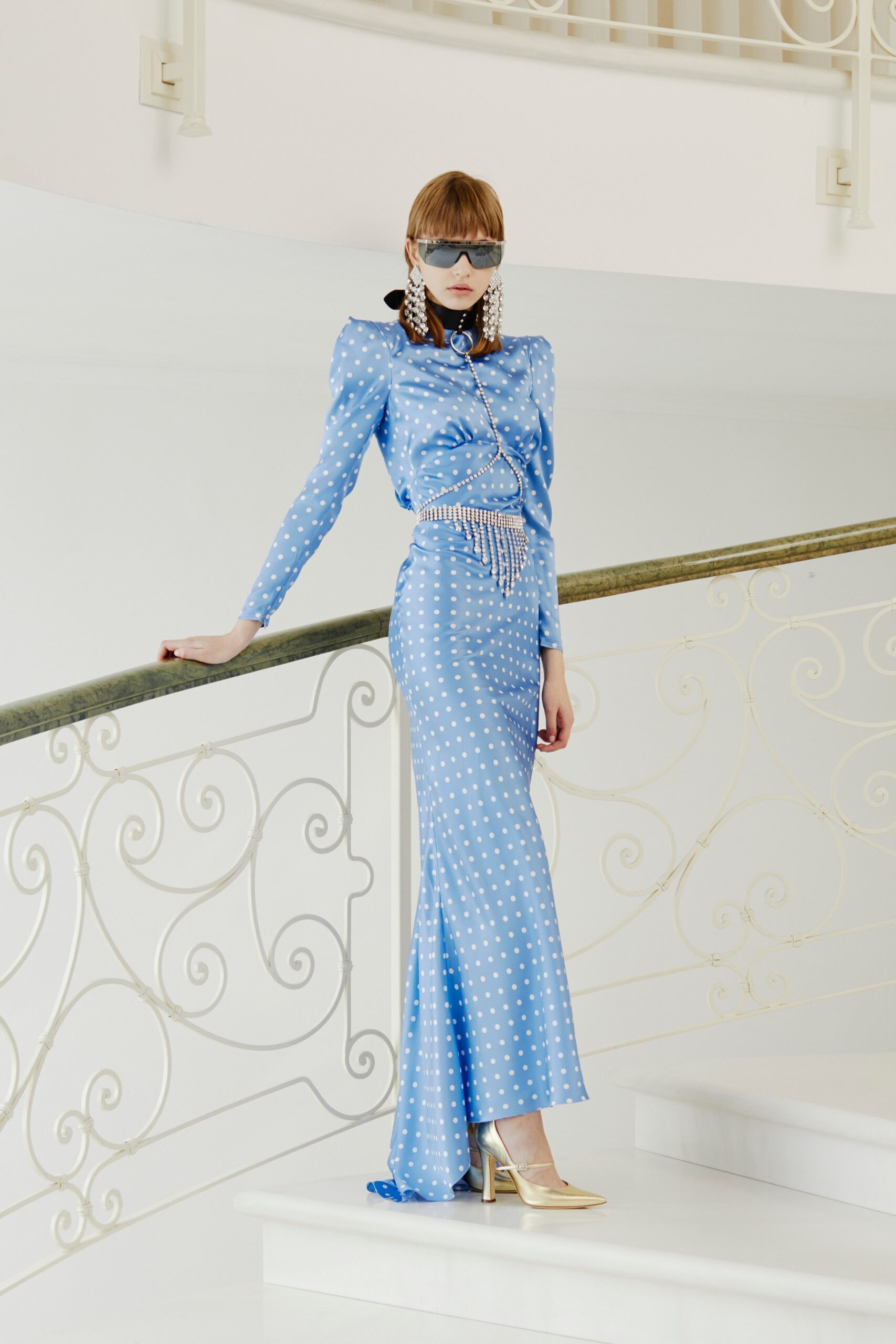 blue silk long-sleeve v-neck fitted polka-dot maxi dress