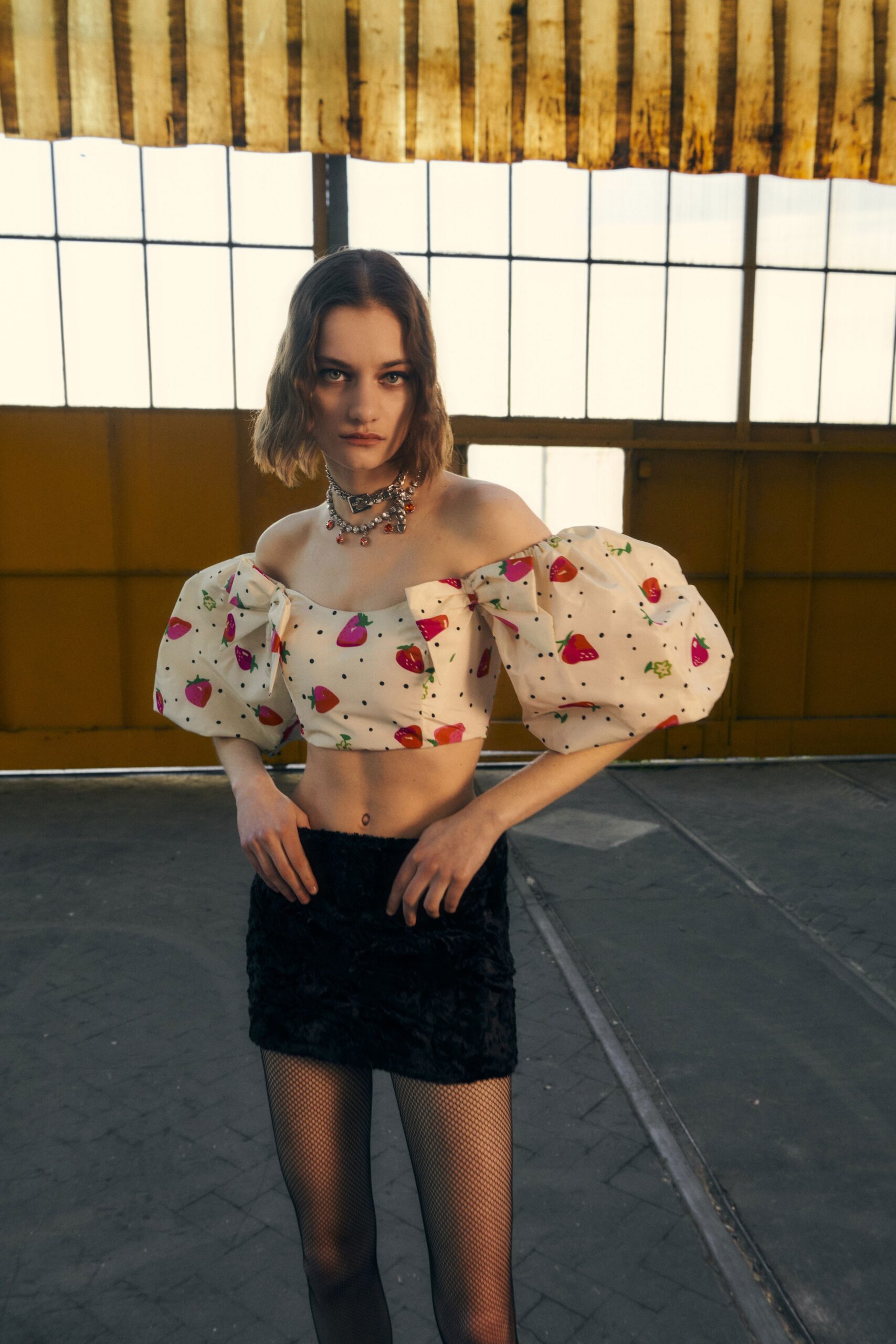 off-shoulder printed top and mini lace skirt