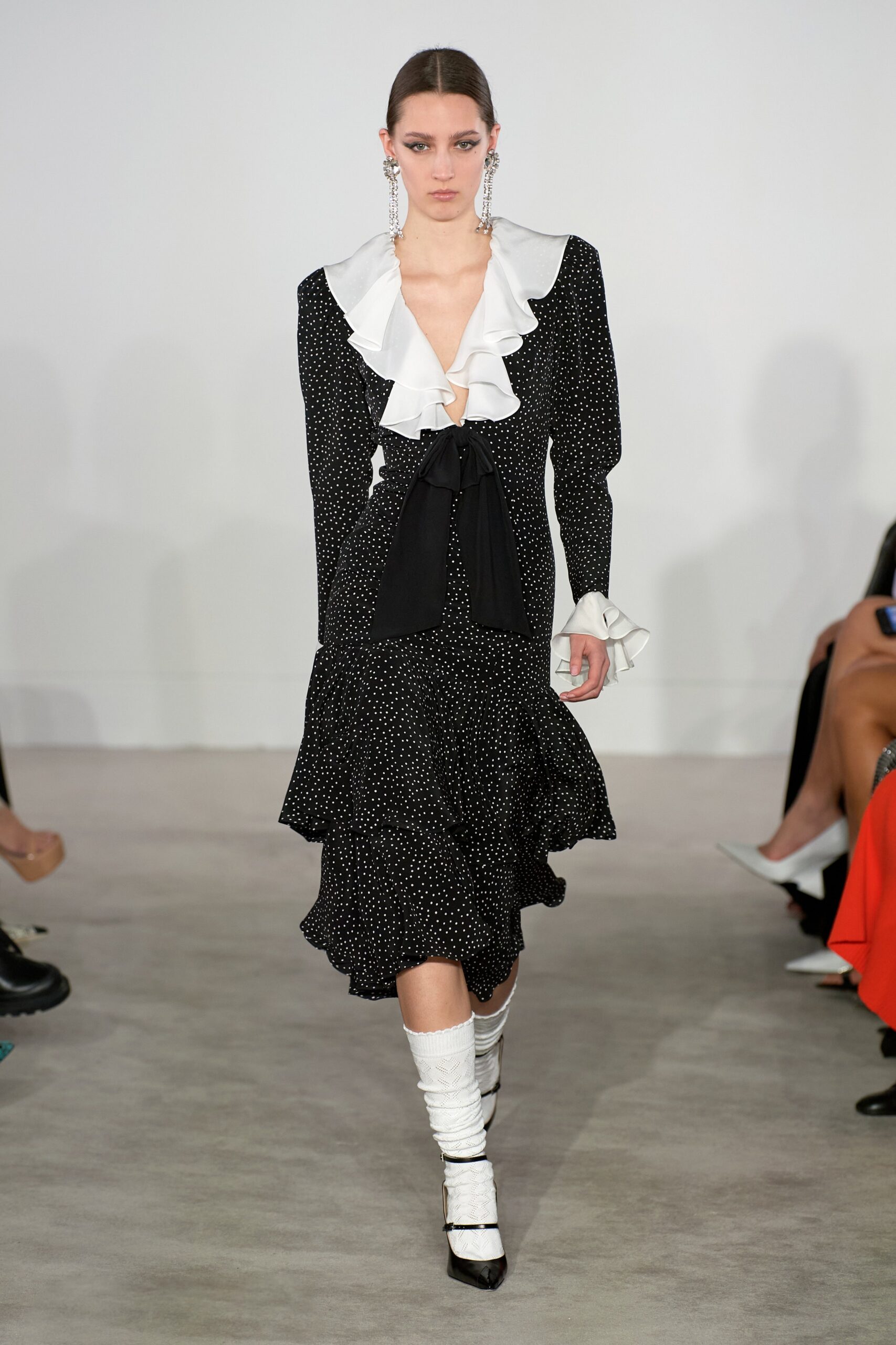 black and white ruffled midi dress