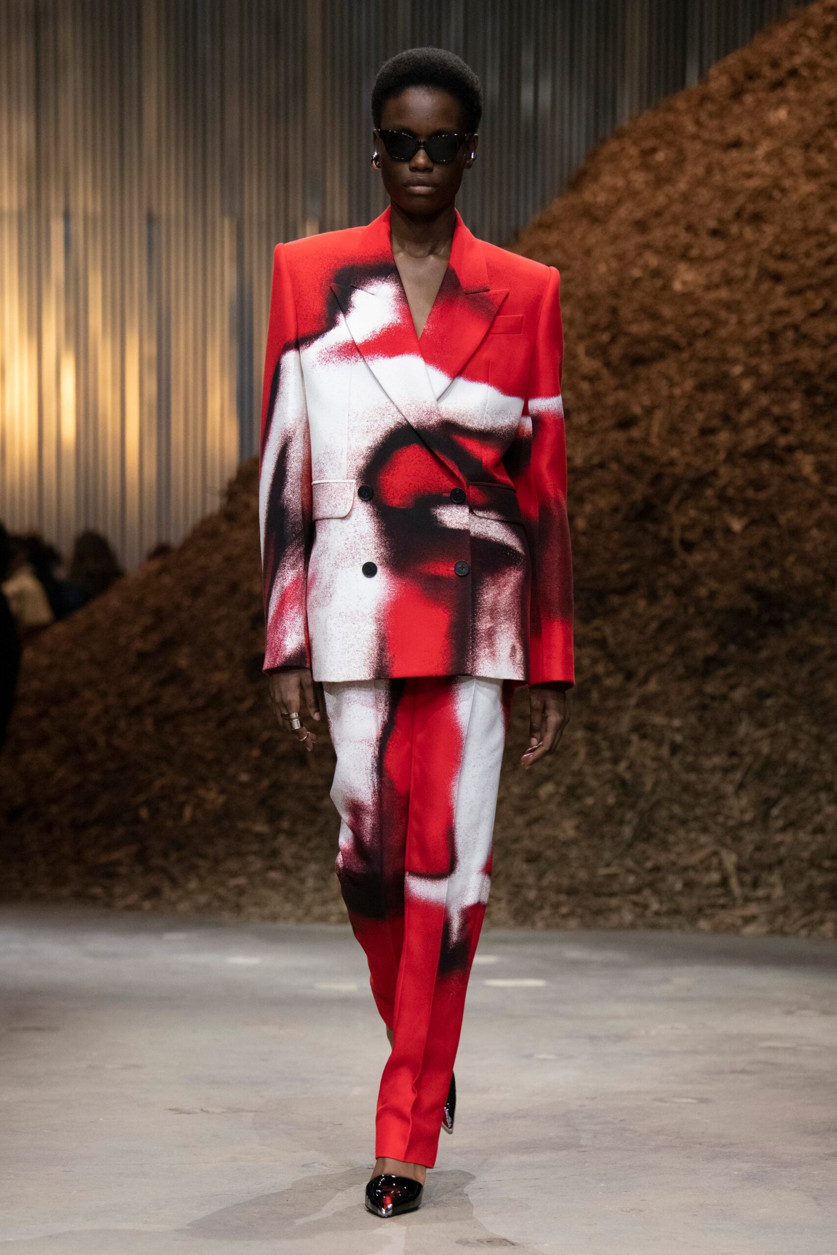 red and black printed tailored suit